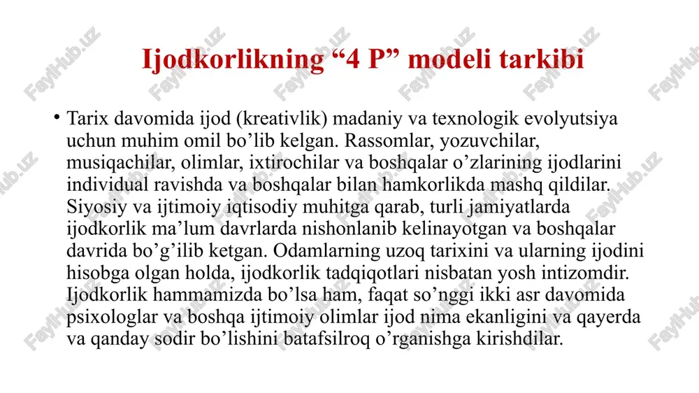 marketing agentliklarida umumiy va o’ziga xos ijodiy faoliyat natijalarini aks ettiradi. shuning uchun butun ijodkor (agentlik xodimi), ijodiy joy (agentlik muhiti), qo’llaniladigan ijodiy jarayonlar, shuningdek reklama (reklama kompaniyalari) ning ijodiy mahsuloti o’rtasidagi munosabatlar kitob davomida alohida e’tiborga loyiqdir. bosim bosim mahsulotni yaratish uchun atrof-muhit va ob-havoni anglatadi. bu ijod uchun qulay shartlarni anglatadi. bosim tarkibiga quyidagilar kiradi (lekin ular bilan cheklanmagan): tashkiliy madaniyat, resurslar va ilg’or tajribalar. tadqiqotchilar ijodiy jarayon va individual farqlardan tashqari, ijod sodir bo’ladigan muhit (bosim)ga ham alohida e’tibor berishgan. csikszentmihalyi ijodni shaxsni ijtimoiy va madaniy muhitdan ajratib o’rganish mumkin emasligini ta’kidladi. u ijodkorlik - bu yaratuvchi, domen va maydonni o’z ichiga olgan tizim mahsuli deb ta’kidladi (csikszentmihalyi, 1996). amabile barcha odamlarda ijodkorlik qobiliyatiga ega ekanligini ta’kidlagan bo’lsa-da, atrof-muhit, ayniqsa motivatsiya bilan bog’liq bo’lgan joylarda ta’sirchan determinant hisoblanadi. mathisen va einarsen, shuningdek, tashkilotlar faol ravishda, ham alohida guruh, ham tashkilot darajasida ijodkorlik va innovatsiyalarni qo’llab-quvvatlaydigan yoki bo’g’ib …