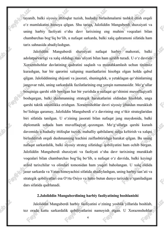 nguberdining harbiy faoliyatining boshlanishi jaloliddin manguberdi harbiy faoliyatini o‘zining yoshlik yillarida boshlab, tez orada katta sarkardalik qobiliyatlarini namoyish etgan. u xorazmshohlar sulolasining vorisi sifatida davlat ishlarida, jumladan, siyosiy va harbiy masalalarda ota-bobolaridan o‘rgangan bilimlarni amaliyotda qo‘llashga kirishgan. yoshligidan harbiy texnika, jang taktikalari va qo‘shinlarni boshqarish sirlarini o‘rganib, u tez orada sodiq qo‘shinlarini shakllantirib, mustaqil harbiy yurishlar olib borishga qodir bo‘lgan. uning harbiy faoliyati boshlanishiga sabab bo‘lgan asosiy omillardan biri xorazmshohlar davlatining ichki siyosiy va ijtimoiy vaziyatidagi murakkablik edi. xiii asr boshlarida xorazmshohlar mamlakatida ichki nizolar kuchaygan, markaziy hokimiyatning nazorati sekinlashgan, provinsiyalar va hududlar o‘zini mustaqil tutishni boshlagan. shu sharoitda jaloliddin manguberdi o‘zining sarkardalik qobiliyatini sinab ko‘rish va mamlakatni mudofaa qilish zaruratini his qilgan. uning harbiy faoliyati nafaqat hududni qo‘riqlash, balki xalqni mo‘g‘ul bosqinidan himoya qilishga qaratilgan bo‘lgan. jaloliddinning ilk harbiy yurishlari ko‘pincha taktika va tezkor harakatlarga asoslangan bo‘lgan. u qo‘shinlarini tez harakatlantirish, dushmanni chalg‘itish va oldindan rejalashtirilgan taktika asosida hujum …