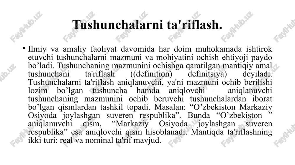 ashtirish kiradi: a) taqqoslash yordamida predmetlarni boshqalari bilan o’zaro solishtirilib, ularning o’xshash va umumiy belgilari hamda boshqalaridan ajratib turuvchi yakka belgilari aniqlanadi; b) analiz yordamida predmetni fikran tashkil qiluvchi muhim belgilar alohida ajratilib, har qaysisi o’rganiladi. sintez analizga teskari jarayon bo’lib, unda fikran ajratilgan predmetning belgilari birlashtirilib, bir butun holga ketiriladi. sintez yordamida predmet haqida yaxlit fikr hosil qilinadi; c) abstraktsiyalash yordamida predmetning umumiy va yakka belgilaridan uning mohiyatini tashkil etuvchi muhim tomonlarlariga o’tiladi hamda nomuhimlaridan chetlashiladi; d) umumlashtirishda predmetlarning ayrim umumiy o’xshash, muhim xususiyatlariga ko’ra bitta umumiy tushunchaga birlashtiriladi va shu yordamida umumiy belgiga ega predmetlarning sinfi haqida fikr yuritiladi. ishonchli ta'riflardan qoching. va nihoyat, ta'riflar, shuningdek, noo'rin hissiy ma'nolardan qochish kerak. ishonchli ta'rif bu atama uchun ijobiy yoki salbiy hissiy ma'no beradigan ta'rif, aslida bunday assotsiatsiya mavjud emas. masalan, agar kimdir demokratiyani "kambag'allar va o'qimaganlar diktaturasi" deb ta'riflasa, demak, bunday odam demokratiya haqida juda yaxshi o'ylamaydi. ammo demokratiyaning …
