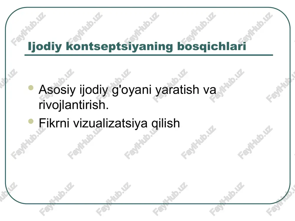 e chujix idey. idei sleduet izlagat kratko, ne prerivat estafetu idey. glavnaya tsel – poluchit kak mojno bolshe idey. "mozgovoy shturm" dostatochno universalniy metod, primenenie kotorogo vozmojno v nauchnoy, texnicheskoy, administrativnoy, torgovoy, reklamnoy deyatelnosti, kak dlya poiska nestandarnix resheniy v texnike, tak i dlya poiska novix biznes idey. fikrlashni psixologik faollashtirish usullari soyali aqliy hujum - bu aqliy hujumning (aqliy hujum) bir turi bo'lgan va birinchi navbatda ijodiy qobiliyatlarni o'rgatish va tarbiyalashda foydalanish uchun ishlab chiqilgan yangi g'oyalarning kollektiv avlodini tashkil etish usuli. soyali aqliy hujum sizga jamoaviy ijod jarayonida cheklovlarsiz jarayonning barcha ishtirokchilarini jalb qilish imkonini beradi. soyali aqliy hujum paytida tinglovchilar tarkibida 5-7 kishidan iborat faol g‘oya generatorlari guruhi shakllantirilib, ular muntazam aqliy hujum qoidalariga muvofiq ishlaydi. ta'lim jarayonining qolgan ishtirokchilaridan "soya kabineti" ning bir yoki bir nechta guruhlari tuziladi (ular o'rtasida musobaqa tashkil etilishi mumkin). "soya kabineti" generatorlari faol generatorlar ishining borishini kuzatib boradilar, ular tomonidan ilgari …