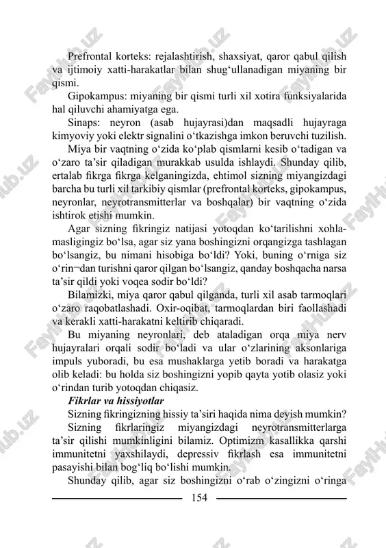 im”, “o‘rnimdan turolmayman” yoki “hayot qiyin” kabi miyangizdagi murakkab boshqa fi krlarni qo‘zg‘atsa, u o‘zaro ta’sir signallarini tanangizning boshqa qismlariga yuborishi mumkin. boshqa tomondan, agar siz to‘shagingizdan tursangiz va “bu unchalik yomon emas”, “men hozir boraman” yoki “bugun ajoyib kun bo‘ladi” deb o‘ylasangiz, sizning neyronlaringiz yuboradigan yo‘llar va signallar boshqacha bo‘lishi aniq. biz ushbu jarayonlarning barcha murakkabliklarini hali bilmay¬miz, ammo sizning fi krlaringiz muhimligini aytish kifoya. sizning miyangiz tashqi muhitdan yoki sizning o‘tmishingizdagi hislar yoki xotiralar nuqtai nazaridan doimo signallarni qabul qiladi. keyinchalik u milliardlab sinapslar orqali miyadagi to‘lqinlar orqali turli xil fi krlarni faollashtiradi. shunday qilib, sizning fi krlaringiz miya funksiyalari tomonidan ishlab chiqarilgan boshqa tarkib bilan o‘zaro aloqada bo‘lganda yanada murakkablashadi. fikrlaringizni tartibga solish o‘zingizning fi krlaringiz sizning his-tuyg‘ularingiz bilan ikki tomonlama ravishda bog‘langanligi o‘z-o‘zidan sodir bo‘ladi. qo‘rqinchli fi krdan keyin necha marta adrenalin zarbasini boshdan kechirdingiz? siz hech qachon ish bilan suhbatga yoki birinchi uchra¬shuvga borganmisiz va …