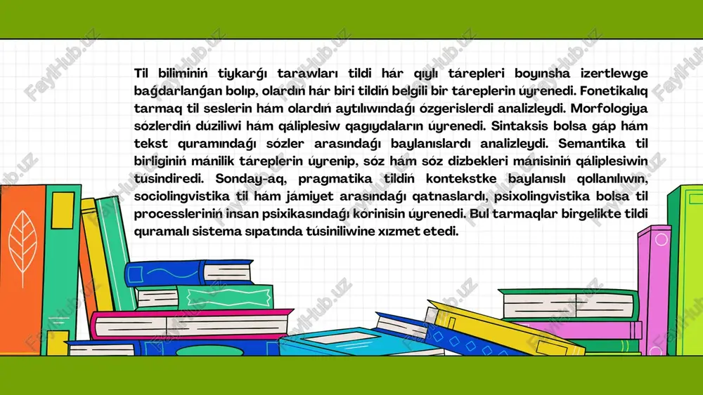 uqıplı ekenligin kórsetedi. bul metod til dúzilisin formal qaǵıydalar arqalı modellestiredi hám sintaksislik nızamlılıqlardı anıq belgilewge járdem beredi. generativlik jantasıw tildi ilimiy analizlewde grammatikalıq dúzilistiń teoriyalıq tiykarların jaratadı. kognitiv lingvistika til hám pikirlew ortasındaǵı baylanıstı úyrenetuģın jantasıw bolip, ol tildi insan sanasınıń kognitiv procesleri arqalı túsindiredi. bul metod semantikalıq strukturalardı, metaforalıq hám konceptual strukturalardı analizleydi. kognitiv lingvistika tildi tek grammatikalıq jaqtan emes, al mánis hám túsinik jaratıw procesi sıpatında da úyreniwge múmkinshilik beredi. paydalanılǵan ádebiyatlar 1.usmonov, s. umumiy tilshunoslik. – toshkent: o‘zbekiston, 2015. 2.xomsky, n. syntactic structures. – the hague: mouton, 1957. 3.saussure, f. course in general linguistics. – new york: mcgraw-hill, 1966. 4.lakoff, g., johnson, m. metaphors we live by. – chicago: university of chicago press, 1980. 5.akbarov, o. tilshunoslik nazariyalari va metodlari. – toshkent: fan, 2010.