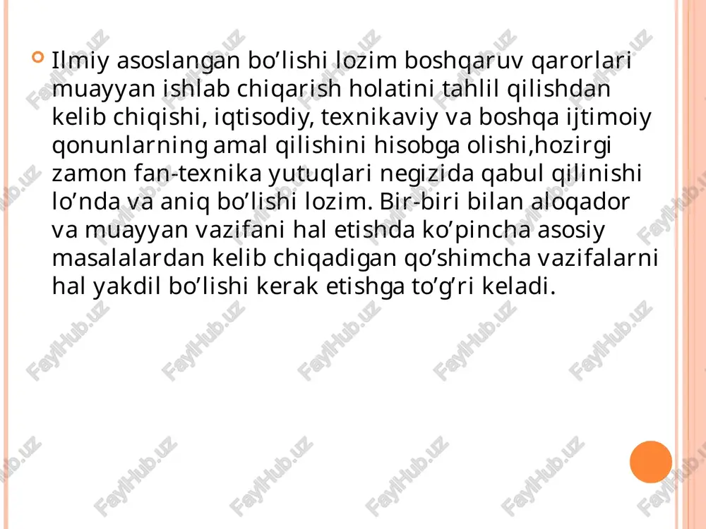 ezkor qarorlarir masalan: - korxona, firmaning joriy rejalarini tuzish va joriy qilish. - kadrlar masalasini hal qilish va hk. mazkur qarorlar yuqori va o’rta bo’g’in rahbarlari tomonidan uzog’i bilan ikki yilgachabo’lgan muddatga qabul qilinadi. umumiy qarorlar bir xil muammoga daxldor bo’lib, barcha bo’g’inlar uchun birdek amal qildi. masalan, ish kunining boshlanishi va tugashi, tushlik vaqti, ish haqini to’lash muddatlari va boshqa tanaffuslar. maxsus qarorlar tor doiradagi muammoga taalluqli bo’lib, korxonaning muayyan bo’limi yoki bir guruh xodimlari yuzasidan qabul qilinadi. stereotip qarorlar odatda qat'iy yo’riqnomalar, me'yoriy hujjatlar doirasida qabul qilinadi. bunday qarorlar ba'zan kundalik, ba'zan masalalar bo’yicha qabul qilina, lekin o’zgarishla asosan muddatlarga, ayrim sifat parametrlariga, ijrochilarga taalluqli bo’ladi. rahbar streotip qarorlarni odatda ortiqcha tayyorgarliksiz qabul qiladi. xodimlarni ishga olish va ishdan bo’shatish, korxonaning faoliyatini risoladagidek bos tashabbusli qarorlar o’z tavsifiga ko’ra notovarlik mazmuniga ko’ra esa istiqbolni nazarda tutadigan qarorlardir. bunday qarorlar vaziyatni sinchkovlik bilan batafsil o’ganishni, maxsus kuzatuv materiallariga asoslanishni, …