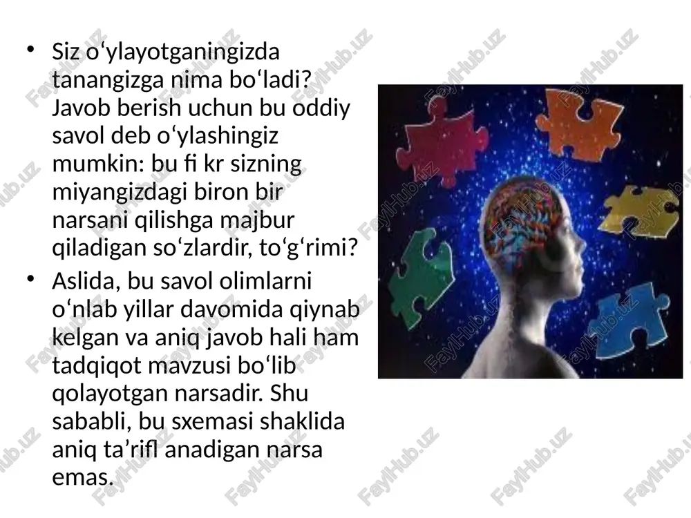 oki ruh bilan o'zaro bog'liqligida tirik organizmdir. qadimda allaqachon jismoniy tana va jonli tana o'rtasida farq qilingan. ruhning ifodasi sifatida tushunilgan tana jismoniy va kimyoviy elementlar, kuchlar va jarayonlar tizimi sifatida tana bilan bir xil emas. biz hayotni bizga berilgan tana orqali idrok qilamiz: u dirijyor vazifasini bajaradi. u bizni dunyoda ifodalaydi. tana bizning hayot tarzimizdir, faqat uning yordami bilan biz: "tana to'g'ridan-to'g'ri inson - ong borligi" (m. merleau-ponti), ong tanadan tashqarida mavjud bo'lolmaydi. inson fikrlaydigan tanadir bizning fikrlashimiz biologik tanamizning imkoniyatlari bilan cheklangan, ammo tanaga mutlaqo bo'ysunmaydi. muammo: tana va ruhning nisbati (ong, fikrlash) chto takoe klipovoe mishlenie? klip fikrlashning atributlari quyidagilardir: mantiqsizlik, parchalanish, chiziqli bo'lmaganlik, ko'ngilochar va tasalli beruvchi tarkibga e'tibor berish raqamli fikrlash: algoritmik, modullilik, ratsionallik, ko'p vazifalilik, axborotni eng yuqori qiymat sifatida baholash. «durnaya golova nogam pokoya ne daet»: fikrlash va tana qanday bog'liq? - tafakkur tana istaklariga bo'ysunadi, u faqat instinkt va reflekslarning davomidir; - …