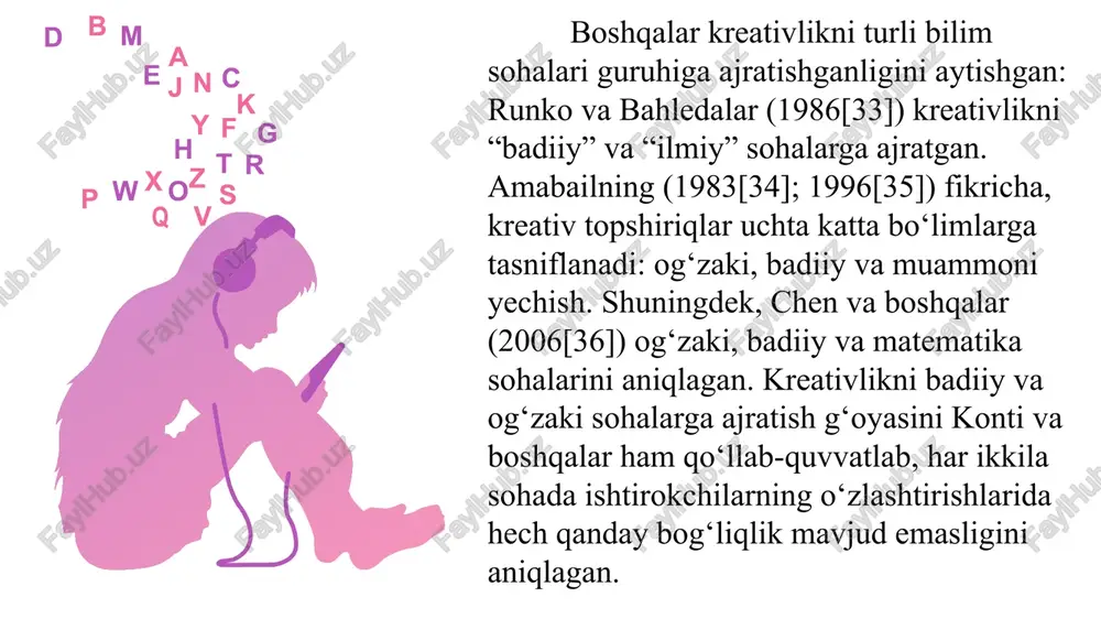 yondashuvlar, keng ma’nodagi madaniy muhit va bularning barchasi o‘quvchilar uchun alohida ijtimoiy omillarni anglatadi. bularning barchasi o‘quvchilarning o‘z ijodiy qobiliyatini aniqlashiga va rivojlantirib borishiga ta’sir qiladi va kreativ fikrlash qobiliyatini o‘zlashtirishlarini rag‘batlantiradi yoki aksincha unga to‘sqinlik qiladi. va nihoyat, maktablar o‘ziga xos maskan hisoblanib, unda xoh u alohida shaxs bo‘lsin xoh jamoaning a’zosi sifatida o‘quvchilarda kreativ fikrlash qobiliyatining namoyon bo‘lishi, kuzatilishi va baholanishi jarayonlari amalga oshadi. sinfda o‘quvchilarning kreativ yutuqlari va o‘sish jarayoni kreativ ifodalash shakliga qaratilgan (ya’ni, o‘quvchining ichki muloqot dunyosi va yozish, chizish, musiqa yoki boshqa san’at turlari orqali ifodalanishi), bilim hosil qilinishi (masalan, guruhdagilar ichida yangicha bilim va fikrlash qobiliyatini namoyon etish va birgalikda ishlash jarayonini tushunish) yoki ijodiy tarzda muammoni yechishni (masalan, vaziyatlarda turli muammolarga ijodiy yechim topishni) ifodalaydi. sinfda kreativ fikrlashni bunday o‘ziga xos tarzda namoyon etuvchi omillar bir-biriga o‘zaro chambarchas bog‘langan. kreativ fikrlashni ijtimoiy jihatdan rag‘batlantiruvchi omillar umumiy madaniy tartiblar yoki qonuniyatlar yordamida o‘z-o‘zidan …