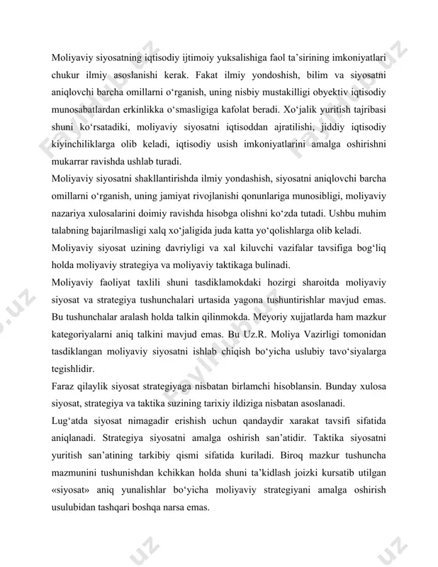 hning taktik uslublari yigindisining mavjudligini tasdiklaydi. davlatning moliyaviy siyosati makroiktiodiy siyosatning bosh elementlaridan biri hisoblanadi. hozirgi sharoitda o‘zbeiston respublikasida amalga oshirilayotgan moliyaviy siyosat islohotlarning utish davridagi moliyaviy iqtisodiy inkirozlar oqibatlarini tugatish va mamlakatdagi barkaror iqtisodiy usishni ta’minlashga yunaltirilgaddir. chunonchi, iqtisodiyotning barcha soxalarida liberal rejimni shakllantirish va uni rivojlanishini kuzda tutuvchi iqtisodiyotni erkinlashtirish masalalari moliyaviy siyosatning markazida turmokda. moliyaviy siyosat quyidagi yunalishlarni uz ichiga oladi: · soliq siyosati; · budjet siyosati; · pul kredit siyosati; · institutsional uzgarishlar; · investitsiya siyosati; · ijtimoiy siyosat. moliyaviy siyosatni realizatsiya qilish uchun quyidagilar zarur hisoblanadi; · ijtimoiy tanglik kamaytirilishi lozim. · davlat moliyasini soglomlashtirish lozim; · bank tizimini meyordagi ishlashi imkoniyatlarini shakllantirish lozim; · tovar va pul okimlarini tenglashtirish lozim; · xududlarning moliyaviy iqtisodiy mustakilligini yagona boshqaruv tizimi ichida okilona ta’minlash lozim. moliyaviy siyosatning tarkibiy qismlaridan biri soliq siyosati hisoblanib . u asosandavlat uchun ham bozor katnashchilari uchun ham iqtisodiyotning real sektorini moliyaviy holatini …