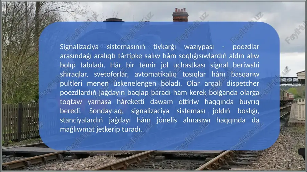. eger signalizaciya qurılmaları isten shıqqan bolsa, náwbechiler dispetcher kórsetpesi boyınsha poezdlardı qolda basqaradı, bul bolsa olardan joqarı juwapkershilik hám dıqqattı talap etedi. dispetcher hám náwbechi óz jumısı dawamında temir jol qáwipsizligi qaǵıydaların buzsa yamasa nemquraydılıq sebepli avariya júz berse, olar hákimshilik yamasa jınayıy juwapkershilikke tartıladı. sol sebepli, olar turaqlı túrde qánigeligin arttırıw kurslarında qatnasadı, ayrıqsha jaǵdaylarda háreket etiw boyınsha shınıǵıwlar ótkeredi. juwmaq signalizaciya sisteması temir jol transportınıń qáwipsiz, úzliksiz hám nátiyjeli jumıs islewin támiyinleytuǵın eń áhmietli texnikalıq qurallardan biri bolıp esaplanadı. ol poezdlar háreketiniń baǵdarın, tezligin hám aralıq aralıǵın qadaǵalap, soqlıǵısıw hám ayrıqsha jaǵdaylardıń aldın aladı. signalizaciya qurılmaları isten shıqqan jaǵdaylarda bolsa poezd háreketi arnawlı qaǵıydalar tiykarında, dispetcher hám náwbechilerdiń awır juwapkershiligi astında ámelge asırıladı. paydalanılǵan ádebiyatlar ózbekstan respublikası transport ministrligi. "temir jol transportında háreket qáwipsizligin támiyinlew qaǵıydaları." - tashkent, 2021. karimov i.a. "ózbekiston xxi asr bwsaǵasida: xavfsizlikka tahdid, barqarorlik shartlari va taraqqiyot kafolatlari." - tashkent: ózbekistan, 1997. jórayev …