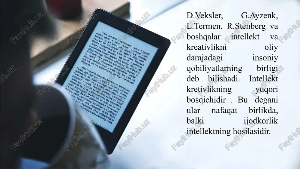 an. boshqa guruhga esa faqatgina insho yozishni aytishagan. natijalar shuni ko‘rsatdiki, ogohlantirilgan guruhning insholari yomon yozilgani ma’lum bo‘lgan. bu holatda biz ijtimoiy muhitning ijodkorlikka salbiy ta’sirini yaqqol ko‘rishimiz mumkin. intellektual testlar shaxsdan konvergent tafakkurni talab qiladi. kreativ testlar esa divergent tafakkurni talab etadi. kreativlik - bu birvaqtning o‘zida yangi va qadrli g‘oyalarni yaratuvchi ijodkorlik qobiliyatidir. e’tiboringiz uchun rahmat! image1.jpg image10.jpg image2.jpg image11.jpeg image12.jpg image13.png image14.jpg image3.jpg image4.jpg image6.jpg image5.jpg ar om ie a wo lo a, dae acl a ll i ees de 2) me lh at abl a | /docprops/thumbnail.jpeg free online library ppt templates