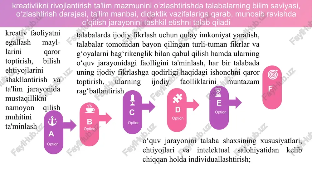 daktik tsikl g‘oyasi yotadi. contents here contents here contents here contents here contents here 1-bosqich - o‘quvchilarni yangi o‘quv materiali bilan muammoli ta'lim asosida tanishtirish, ularda yangi materialni o‘zlashtirishga ijodiy motivatsiyani shakllantirish hamda ijodiy o‘quv topshiriqlarini bajarish tartibi bilan tanishtirish. 2-bosqich - o‘quvchilarning ijodiy o‘quv topshiriqlari asosiy xususiyatlarini hamda ular yechimini ishlab chiqish ishlab bilan bog‘liq o‘quvchilarda kreativ kompetentlik faoliyatini tashkil qilish. 3-bosqich - o‘quvchi o‘zi uchun mustaqil o‘quv topshiriqlarini belgilashi. 4-bosqich - o‘quvchining mustaqil ijodiy faoliyatini yo‘lga qo‘yish. bunda o‘quvchi o‘zi loyihalagan kreativ kompetentlik faoliyati mahsulini asoslashni o‘rganadi. olimlar kreativlikni shaxsning umumiy qobiliyati sifatida, faoliyat ko‘rsatish sohasidan qat'iy nazar, ijodiy mahsuldorlikka katta ta'sir ko‘rsatuvchi omil sifatida qaraydilar. umumiy qobiliyatlar tuzilmasiga intellekt, kreativlik va o‘rganuvchanlikni kiritishda biz kognitiv jarayonlarning uch tarkibli modeliga asoslandik. bunga ko‘ra, har qanday kognitiv jarayon o‘zida kognitiv tajribani o‘zlashtirish, qo‘llash va o‘zgartirishni mujassamlashtirishi lozim. tajriba o‘zlashtiruvini amalga oshiruvchi qobiliyatni o‘rganuvchanlik bilan, tajribani qo‘llash samaradorligini umumiy intellekt …