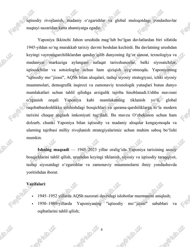 islohotlar 1945-yil 2-sentyabrda yaponiya rasmiy ravishda taslim bo‘lganidan so‘ng, mamlakat ikkinchi jahon urushining iqtisodiy, siyosiy va insoniy yo‘qotishlaridan jiddiy aziyat chekdi. bombardimonlar natijasida tokio, osaka, nagoya kabi yirik sanoat shaharlari vayronaga aylandi. ayniqsa, xirosima va nagasaki shaharlariga atom bombasi tashlanishi mamlakat tarixidagi eng og‘ir fojialardan biri bo‘ldi. urushda 3 millionga yaqin yapon fuqarolari halok bo‘lgan, millionlab insonlar esa boshpanasiz va ishsiz qolgan edi.urushdan keyingi davrda yaponiya g‘arb kuchlari, asosan, aqsh nazorati ostida qoldi. aqsh generali duglas makartur boshchiligidagi okupatsiya ma’muriyati (scap) mamlakatni 1945–1952 yillar oralig‘ida boshqardi. bu davrda yaponiya butunlay demilitarizatsiya qilindi va harbiy sanoat parchalandi. shu bilan birga, chuqur siyosiy va iqtisodiy islohotlar amalga oshirildi. bu islohotlar yaponiya tarixida “urushdan keyingi demokratik inqilob” deb ataladi. konstitutsiyaviy islohotlar eng muhim siyosiy o‘zgarishlardan biri bo‘ldi. 1947-yilda qabul qilingan yangi konstitutsiya yaponiya tarixidagi eng muhim hujjatlardan biri hisoblanadi. unda imperatorning ilohiy maqomi bekor qilindi, siyosiy hokimiyat parlament va hukumatga o‘tkazildi. ayniqsa, 9-modda …