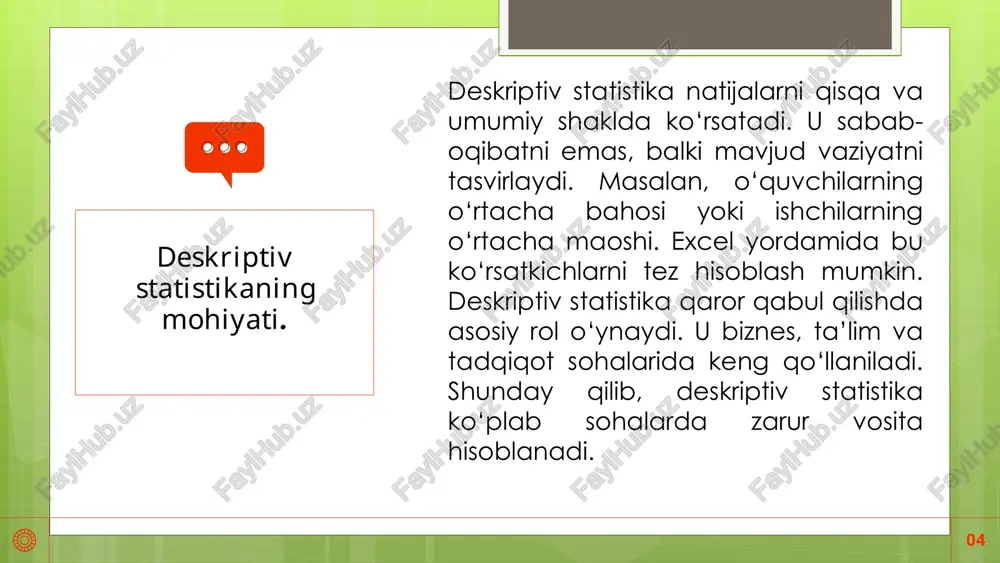 l – eng past 25 foiz. ikkinchi kvartil – median. uchinchi kvartil – yuqori 75 foizni bildiradi. interkvartil diapazon esa q3-q1 orqali hisoblanadi. excelda =quartile() yordamida hisoblash mumkin. bu ko‘rsatkich ma’lumotlarning asosiy qismi qayerda jamlanganini ko‘rsatadi. excel funksiyalari yordamida hisoblash excel statistik hisob-kitoblar uchun maxsus formulalarni taqdim etadi. =average(), =median(), =mode(), =var(), =stdev() kabi funksiyalar tez natija beradi. kvartillarni =quartile() yordamida topish mumkin. bu funksiyalar yordamida ma’lumotlar ustida murakkab hisoblashlar bajariladi. excel hisoblash jarayonini avtomatlashtiradi. bu esa inson xatosini kamaytiradi. shunday qilib, excel deskriptiv statistika uchun muhim vositadir. ma’lumotlarni tartiblash statistik tahlilni boshlashdan oldin ma’lumotlarni tartiblash kerak. excelda saralash va filtrlash imkoniyatlari mavjud. bu yordamida kerakli qatorlarni tanlab olish mumkin. ma’lumotlarni tozalash natijaning aniqligini oshiradi. xatoliklar bartaraf etilsa, tahlil ishonchli bo‘ladi. shundan keyin hisob-kitoblar oson amalga oshiriladi. tartiblangan ma’lumotlar vizual ko‘rinishda ham chiroyli bo‘ladi. tavsiflovchi statistika nima uchun kerak biznesda? biznesda descriptive statistics (tavsifiy statistika) quyidagi savollarga javob beradi: * …