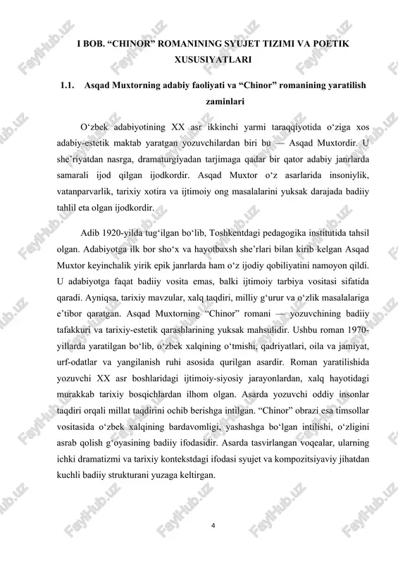 arga tayanib yangi hayot sari intilish g‘oyasidir. yozuvchi bu g‘oyani murakkab syujet chiziqlari, dramatik vaziyatlar, ziddiyatli obrazlar orqali ochib beradi. tarixiy haqiqatga sodiqlik, xalq manfaati uchun kurashgan oddiy insonlar obrazining yuksak darajada yaratilgani asarning g‘oyaviy yutug‘idir. romanning zamonaviylik bilan aloqasi esa o‘zbek xalqining mustaqillik davridagi ma’naviy izlanishlari, tarixiy ildizlarni qayta anglash jarayoni bilan chambarchas bog‘liq. asarda ilgari surilgan ijtimoiy va ma’naviy masalalar – bugungi o‘zbek jamiyatida ham dolzarbdir. ayni shu jihat “chinor” romanini nafaqat tarixiy-badiiy asar, balki zamonaviy ma’naviy o‘zlikni anglashda muhim adabiy manbaga aylantiradi. yozuvchining badiiy mahorati shundaki, u murakkab tarixiy jarayonlarni shaxsiy fojiya va oilaviy munosabatlar orqali ifodalaydi. bu esa asarning har bir o‘quvchi qalbiga yaqinlashishiga, undagi g‘oya va fikrlarni chuqurroq anglashiga zamin yaratadi. 1.2. romanning mavzusi, asosiy g‘oyaviy yo‘nalishi va zamonaviylik bilan aloqasi asqad muxtorning “chinor” romani o‘zbek adabiyotida milliy ruh, tarixiy xotira va ijtimoiy ong uyg‘onishiga bag‘ishlangan muhim badiiy asarlardan biri hisoblanadi. asarda asosiy e’tibor xalqning …