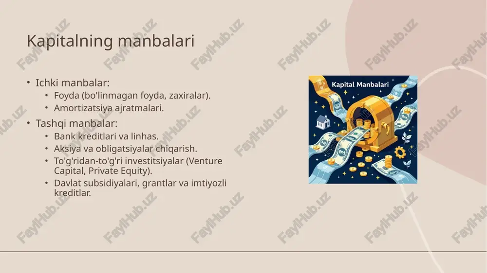 kshirish, aktivlarni himoya qilish va operatsiyalarning samaradorligini baholash. asosiy vazifalari: moliyaviy ma'lumotlarning to'g'riligini tasdiqlash. mablag'larning maqsadli ishlatilishini nazorat qilish. xatoliklar va firibgarlikni oldini olish. e’tiboringiz uchun rahmat image4.jpeg image5.jpeg image6.jpeg image7.jpeg image8.jpeg image9.jpeg image10.jpeg image11.jpeg image12.jpeg image13.jpeg image14.jpeg image15.jpeg image16.jpeg image17.jpeg kapital & ta’minot.~ moliyuviy rejalshtirinieng bosquichare iy a 6. inspogadpnona pranniing | p= == =p ;) key perfomace medricators cash in cash out net cash flow $126,600 fj $6,260,00; cash out lealooil areats topul vindayt $2836,000 $5.9% $20% $14 4,4c0.,850 cot cana aisetone pe $1,800 $8000 $9,5:60% | th $216,05 156% - y b | | \) yy 5 “ii ak werk) tt i ae ee 2s tt accurtable workiing capical managenn centlals ‘accounts recevable financal identification aia mitiution monitaring internal audit’es + fieldwork revo be reporting e) v follow-up