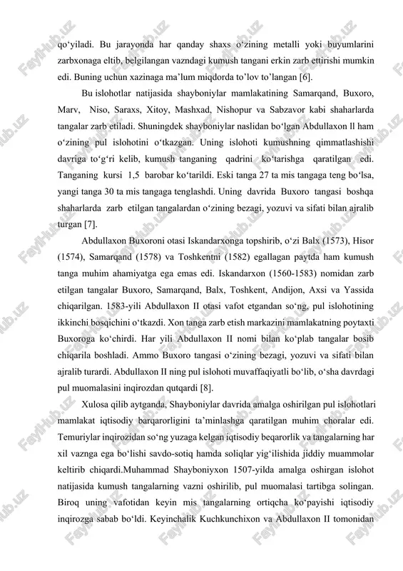 b, bu safar umumdavlat miqyosidagi pul muomalasini bir me’yorga tushirish uchun o‘n besh yil kerak bo'ldi. ushbu islohotni ko‘pchilik tadqiqotchilar kuchkunchixon (1512—1530-yy.) nomi bilan bog‘lanadi. dastavval buxoroda (ubaydulla sultonning mulki) keyin esa samarqandda (kuchkunchixon mulkidagi poytaxt) boshlangan bu islohot jarayonida yuqori vaznli mis tangalar zarb etilib, past vaznli tangalar muomalasini taqiqlashadi. kumush tangalar zarb etilishi qisman yo‘lga qo‘yilgan bo’lsa-da, ularning vazni buxoro va samarqandda bir xil emas edi. faqat 1525-yilga kelib butun davlat bo‘ylab bir xil tangalar zarb etish yo‘lga qo‘yiladi. bu jarayonda har qanday shaxs o‘zining metalli yoki buyumlarini zarbxonaga eltib, belgilangan vazndagi kumush tangani erkin zarb ettirishi mumkin edi. buning uchun xazinaga ma’lum miqdorda to’lov to’langan [6]. bu islohotlar natijasida shayboniylar mamlakatining samarqand, buxoro, marv, niso, saraxs, xitoy, mashxad, nishopur va sabzavor kabi shaharlarda tangalar zarb etiladi. shuningdek shayboniylar naslidan boʻlgan abdullaxon ll ham oʻzining pul islohotini oʻtkazgan. uning islohoti kumushning qimmatlashishi davriga toʻgʻri kelib, kumush tanganing qadrini …