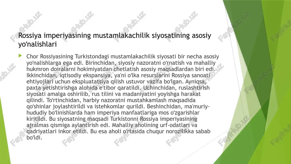 uygʻotish edi. bu harakat turkistonning kelajakdagi siyosiy va madaniy rivojlanishiga ulkan ta'sir koʻrsatdi. mustamlakachilik siyosatiga qarshi harakatlar va jadidchilik rossiya imperiyasining turkistondagi mustamlakachilik siyosati uzoq muddatli salbiy oqibatlarga olib keldi. iqtisodiy sohada, oʻlkaning bir tomonlama paxta monokulturasiga qaram boʻlishi, boshqa sohalarning rivojlanishini toʻxtatdi. mahalliy sanoat deyarli rivojlanmadi, mavjud kichik korxonalar ham rossiya kapitali nazorati ostida edi. ijtimoiy jihatdan, aholi qashshoqlashdi, ta'lim va sogʻliqni saqlash tizimi yomon ahvolda qoldi. ammo, bu ogʻir sharoitlarga qaramay, milliy oʻzlikni anglash va uygʻonish jarayonlari kuchaydi. jadidchilik harakati, xalqning ma'rifatga intilishini uygʻotdi. milliy gʻurur va mustaqillik gʻoyalari yoyildi. bu davr, bir tomondan turgʻunlik va zulm davri boʻlsa, ikkinchi tomondan, kelajakdagi milliy ozodlik harakatlariga zamin yaratgan uygʻonish davri ham edi. mahalliy xalq oʻzining tarixini, madaniyatini saqlashga intildi. mustamlakachilik oqibatlari: ijtimoiy-iqtisodiy turgʻunlik va milliy uygʻonish 1. oʻzbekiston tarixi, toshkent, 2000, 2-tom. kitobda xx asr boshlarida turkistonning rossiya imperiyasi tomonidan mustamlakaga aylantirilishi va uning oqibatlari keng yoritilgan. 2. b. …