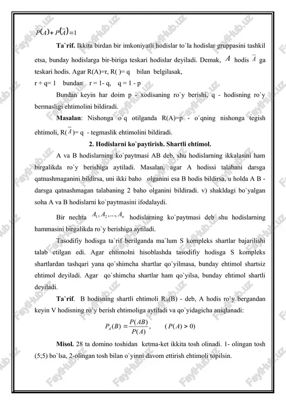 , shulardan 8 tasi oliy sifatli. tasodifiy ravishda 3 ta mahsulot olindi. olingan mahsulotlarni hammasini oliy sifatli bo`lish ehtimoli topilsin. yechish: a1 - 1- olingan mahsulotni, a2 - 2-sini, a3 - 3-sini oliy sifatli bo`lishini bildirsin. demak, a1 hodisning ehtimoli r(a1) = 8/10 a1 ro`y bergandan keyin yashikda hammasi 9 ta mahsulot va bulardan 7 tasi oliy sifatli qoladi, shuning uchun endi a1 va a2 ro`y bergandan keyin yashikda 8 ta mahsulot qolib, shundan 6 tasi oliy sifatli, demak yuqoridagi teoremaga asosan ta`rif. a va b hodislardan birining ro`y berishi boshqasining ro`y berish ehtimoliga ta`sir etmasa, bunday hodislarga erkli (o`zaro bog`liqsiz) hodislar deyiladi, ya`ni b hodisning a hodis ro`y bergandan keyingi ehtimoli b hodisning ehtimoliga teng bo`ladi pa(b) =p(b) teorema. ikkita a va b erkli hodislarni birgalikda ro`y berish ehtimoli shu hodislar ehtimollari ko`paytmasiga teng: p(a·b) = p(a) · p(b) isbot: erksiz hodislarining ko`paytmasiga asosan p(a·b) = p(a) ·pa(b) a …
