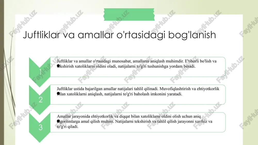 jarayonlarining natijalari. amallar va bog'lanishlar amallar qanday natijalar berishini va ehtiyotkorlik muhimligini tushunish, to'g'ri natijalarga erishish uchun muhimdir. xatoliklarni oldini olish amallarni bajarishda ehtiyotkorlik, nazorat va to'g'ri usullardan foydalanish muvaffaqiyat uchun zarur. tahlil usullari foydalanilgan adabiyotlar 1. o‘rmonov, a. sonlarning tahlili va muvofiqlashtirish usullari. ta’lim va matematika, 2020. 2. akmalov, d. juftliklar va ularning amallari. o‘zbekiston matematika jurnali, 2019. 3. islomov, s. amallar yordamida sonlarni tahlil qilish. o‘zbekiston respublikasi ta’lim muassasalarida metodik qo‘llanma, 2021. 4. karimov, b. sonlarni muvofiqlashtirish jarayoni va amallari. matematika tafakkuri, 2018. 5. toshmatov, m. xatoliklarni oldini olish va ehtiyotkorlik bilan amallarni bajarish. o‘zbekiston ta’limida zamonaviy yondashuvlar, 2022. image1.png image19.jpg image2.png image20.jpg image3.png image4.png image5.png image6.png image7.png ,_\