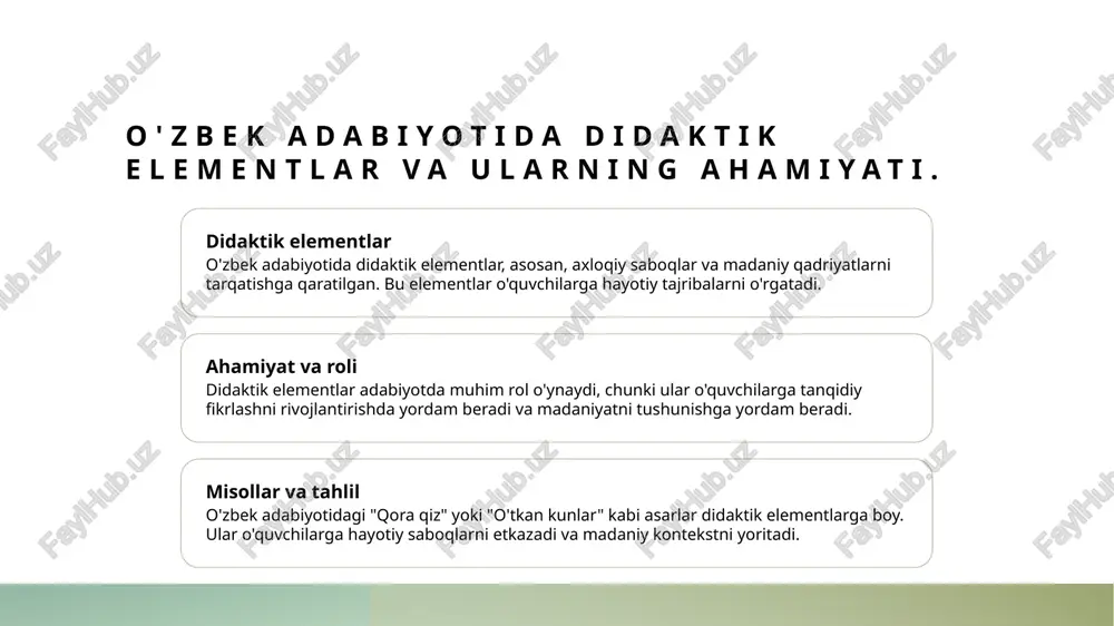 adolat, va ma'naviyat haqida o‘qitadi. 3 ta'limdagi ahamiyat didaktik motivlar, o‘quv jarayonida o‘quvchilarning fikrlashini rivojlantiradi, ularni ijtimoiy muammolarni hal qilishga tayyorlaydi va madaniy merosni saqlaydi. adabiyotdagi madaniy kontekst: tarixiy va zamonaviy nuqtai nazar. tarixiy kontekst tarixiy kontekst adabiyotda muhim rol o'ynaydi, chunki u asarlarning yozilish davrining ijtimoiy va madaniy muhitini aks ettiradi. zamonaviy nuqtai zamonaviy nuqtai nazar adabiyotda yangiliklarni va o'zgarishlarni ifodalab, mualliflarning zamon bilan bog'liqligini ko'rsatadi, o'quvchilarga yangi fikrlar beradi. madaniy ta'sir madaniy kontekst asarlar orqali o'zbek xalqining urf-odatlari va qadriyatlarini aks ettiradi, bu esa o'qitishda muhim didaktik element hisoblanadi. xulosa 1 didaktik tahlil ahamiyati badiiy matnning didaktik tahlili ta'lim jarayonida o'quvchilarning fikrlashini rivojlantiradi va ularni madaniy qadriyatlar bilan tanishtiradi. 2 o'qituvchi rolining o'ziga xosligi o'qituvchi badiiy matnlar orqali o'quvchilarga bilim berishda, ularning shaxsiy rivojlanishida va ijtimoiy qobiliyatlarini oshirishda muhim rol o'ynaydi. 3 madaniyat va ta'lim integratsiyasi o'zbek adabiyotidagi madaniy elementlar ta'lim jarayonida o'quvchilarga milliy merosni tushunishga va qadrlashga …