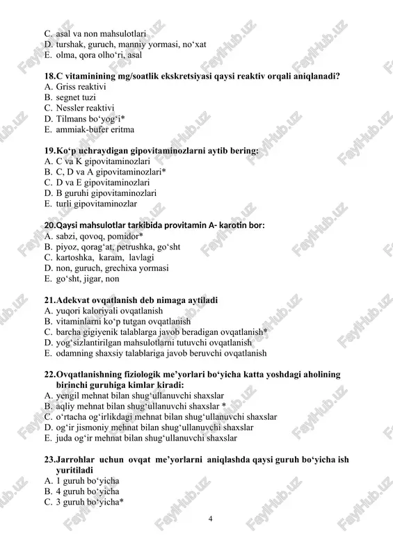 ing shaxsiy talablariga javob beruvchi ovqatlanish 22. ovqatlanishning fiziologik me’yorlari bo‘yicha katta yoshdagi aholining birinchi guruhiga kimlar kiradi: a. yengil mehnat bilan shug‘ullanuvchi shaxslar b. aqliy mehnat bilan shug‘ullanuvchi shaxslar * c. o‘rtacha og‘irlikdagi mehnat bilan shug‘ullanuvchi shaxslar d. og‘ir jismoniy mehnat bilan shug‘ullanuvchi shaxslar e. juda og‘ir mehnat bilan shug‘ullanuvchi shaxslar 23. jarrohlar uchun ovqat me’yorlarni aniqlashda qaysi guruh bo‘yicha ish yuritiladi a. 1 guruh bo‘yicha b. 4 guruh bo‘yicha c. 3 guruh bo‘yicha* d. 5 guruh bo‘yicha e. 6 guruh bo‘yicha 24. to‘la qiymatli oqsillar tutuvchi mahsulot-manbalar - bu: a. go‘sht, tuxum, baliq, sut* b. go‘sht, non, tuxum, sut c. go‘sht, sariyog‘, sabzavotlar d. dukkaklilar va sabzavotlar e. guruch, grechixa yormasi va mevalar 25. polisaxaridlar manbalarini ko‘rsating: a. non, kartoshka, yormalar* b. guruch, non, go‘sht c. kartoshka, non, baliq d. baliq , mevalar, sabzavotlar e. mevalar, sabzavotlar, uzum, asal 26. c vitaminini tutuvchi mahsulotlarni aytib bering: a. bargli …