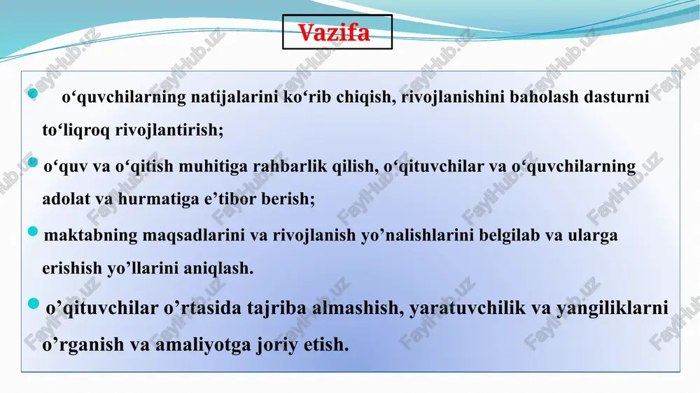 h vaqtini aniq sanada belgilab qoʻyilishi mintaqalarni salohiyatini oʻrganib chiqqan holda maktabgacha va maktab ta’limi bo’limi yil boshida va choraklar boʻyicha ish jarayonini rejalashtirib, amalga oshiriladi. foydalanilgan adabiyotlar sh.m. mirziyoyev “tanqidiy tahlil, qat’iy tartib intizom va shaxsiy javibgarlik – har bir rahbar faoliyatining kundalik qoidasi bo’lishi kerak”. t.: “o‘zbekiston”. 2017. oʻzbekiston respublikasi xalq ta’limi vazirining 2016-yil 30-maydagi 6-mh-son buyrug‘i. oʻzbekiston respublikasining 2020-yil 23-sentabrdagi oʻrq 637-son qarori. sh.po’latov “ta’lim menejmenti yoxud ta’lim tashkilotini ilmiy - metodik boshqarishga innovatsion yondashuv” o’quv qo’llanma. – t.: “yosh kuch”, 2022 “umumiy pedagogika” darslik - toshkent 2018. 208 b. e’tiboringiz uchun rahmat! image2.png image3.png image4.png image5.png image6.png \ sn 72 =| i ail oy mea