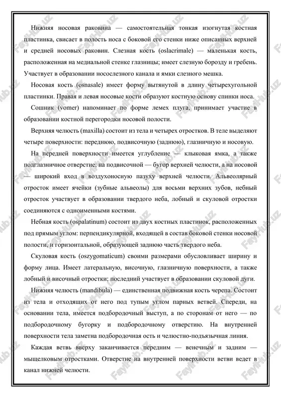 glaznitsi; imeet sleznuyu borozdu i greben. uchastvuet v obrazovanii nososleznogo kanala i yamki sleznogo meshka. nosovaya kost (osnasale) imeet formu vityanutoy v dlinu chetirexugolnoy plastinki. pravaya i levaya nosovie kosti obrazuyut kostnuyu osnovu spinki nosa. soshnik (vomer) napominaet po forme lemex pluga, prinimaet uchastie v obrazovanii kostnoy peregorodki nosovoy polosti. verxnyaya chelyust (maxilla) sostoit iz tela i chetirex otrostkov. v tele videlyayut chetire poverxnosti: perednyuyu, podvisochnuyu (zadnyuyu), glaznichnuyu i nosovuyu. na peredney poverxnosti imeetsya uglublenie — klikovaya yamka, a takje podglaznichnoe otverstie; na podvisochnoy — bugor verxney chelyusti, a na nosovoy — shirokiy vxod v vozduxonosnuyu pazuxu verxney chelyusti. alveolyarniy otrostok imeet yacheyki (zubnie alveoli) dlya vosmi verxnix zubov, nebniy otrostok uchastvuet v obrazovanii tverdogo neba, lobniy i skulovoy otrostki soedinyayutsya s odnoimennimi kostyami. nebnaya kost (ospalatinum) sostoit iz dvux kostnix plastinok, raspolojennix pod pryamim uglom: perpendikulyarnoy, vxodyashey v sostav bokovoy stenki nosovoy polosti, i gorizontalnoy, obrazuyushey zadnyuyu chast tverdogo …