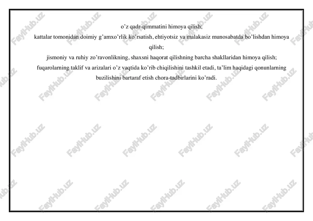tish; maktabgacha tarbiya bolalar muassasasida bolalarning hayoti va faoliyatini tashkil etishda faol ishtirok etish; bolalarning jismoniy va ruhiy salomatligi to’g’risida g’amxo’rlik qilish; bolaning qadr-qimmatiga hurmat bilan munosabatda bo’lishga, unda mehnatsevarlik, yaxshilik, ezgulik tuyg’ularini, katta yoshdagilarga hurmat bilan munosabatda bo’lishni tarbiyalash; belgilangan normativlarga ko’ra bolaning bog’chada bo’lishi uchun haqni o’z vaqtida to’lash; bolalarni oila sharoitda tarbiyalash uchun zarur shart-sharoitlarni yaratish; bolaning to’laqonli ovqatlanishini, unda shaxsiy gigiena ko’nikmalari tarbiyalanishini qat’iy kuzatib borish, bolani maktabgacha tarbiya muassasasiga ozoda kiyingan holda olib kelish; rejim doirasida bolani muassasaga o’zi uchun istalgan qulay vaqtda olib kelish va olib ketish huquqiga egadirlar. viii. o’quv-tarbiya jarayoni tuzilmasi va uni tashkil etish 1. bolalar muassasalarining asosiy turlari quyidagilar hisoblanadi: bolalar yaslisi; bolalar bog’cha-yaslisi; bolalar bog’chasi; xonadonlardagi bolalar bog’chasi (ham mustaqil muassasa, ham filial sifatida). ota-onalarning arizasi bo’yicha hokimlikning qarori bilan maktabgacha tarbiya muassasasida, shu jumladan, shartnoma asosida, bolaning bog’chada qisqa muddatda bo’lishi uchun guruhlar (sayrli, navbatchi guruhlar) ertalabki, kechki …