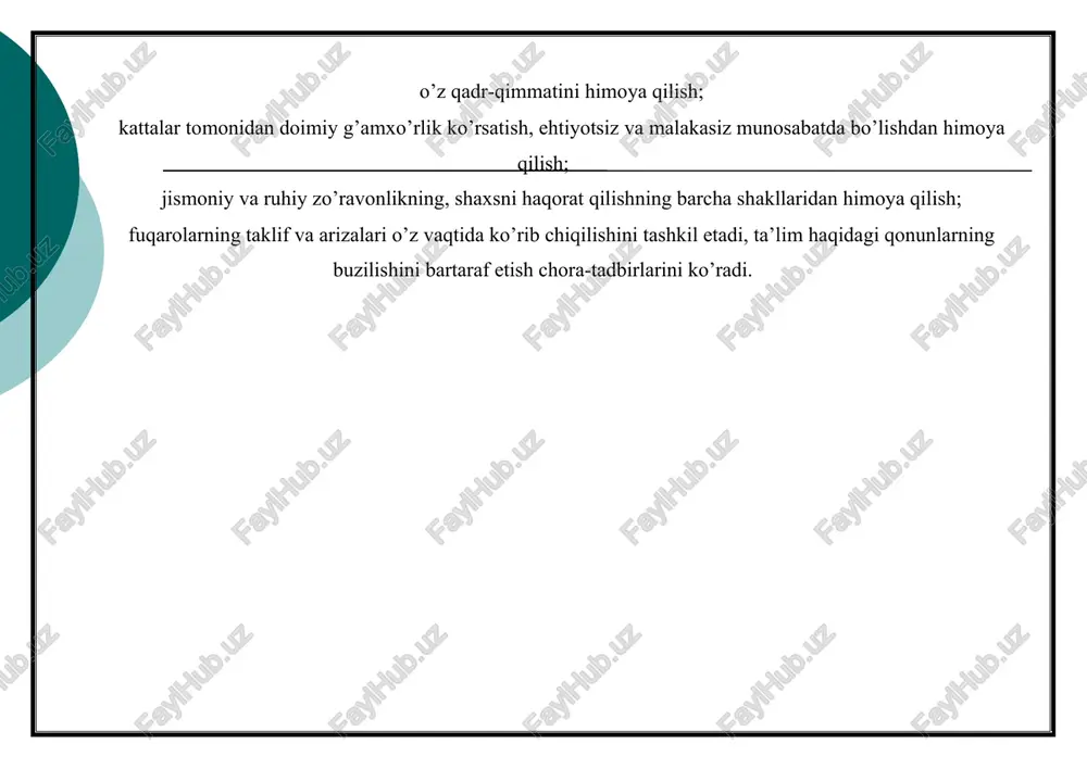 sabatda bo’lishni talab etish; maktabgacha tarbiya bolalar muassasasida bolalarning hayoti va faoliyatini tashkil etishda faol ishtirok etish; bolalarning jismoniy va ruhiy salomatligi to’g’risida g’amxo’rlik qilish; bolaning qadr-qimmatiga hurmat bilan munosabatda bo’lishga, unda mehnatsevarlik, yaxshilik, ezgulik tuyg’ularini, katta yoshdagilarga hurmat bilan munosabatda bo’lishni tarbiyalash; belgilangan normativlarga ko’ra bolaning bog’chada bo’lishi uchun haqni o’z vaqtida to’lash; bolalarni oila sharoitda tarbiyalash uchun zarur shart-sharoitlarni yaratish; bolaning to’laqonli ovqatlanishini, unda shaxsiy gigiena ko’nikmalari tarbiyalanishini qat’iy kuzatib borish, bolani maktabgacha tarbiya muassasasiga ozoda kiyingan holda olib kelish; rejim doirasida bolani muassasaga o’zi uchun istalgan qulay vaqtda olib kelish va olib ketish huquqiga egadirlar. viii. o’quv-tarbiya jarayoni tuzilmasi va uni tashkil etish 1. bolalar muassasalarining asosiy turlari quyidagilar hisoblanadi: bolalar yaslisi; bolalar bog’cha-yaslisi; bolalar bog’chasi; xonadonlardagi bolalar bog’chasi (ham mustaqil muassasa, ham filial sifatida). ota-onalarning arizasi bo’yicha hokimlikning qarori bilan maktabgacha tarbiya muassasasida, shu jumladan, shartnoma asosida, bolaning bog’chada qisqa muddatda bo’lishi uchun guruhlar (sayrli, navbatchi …