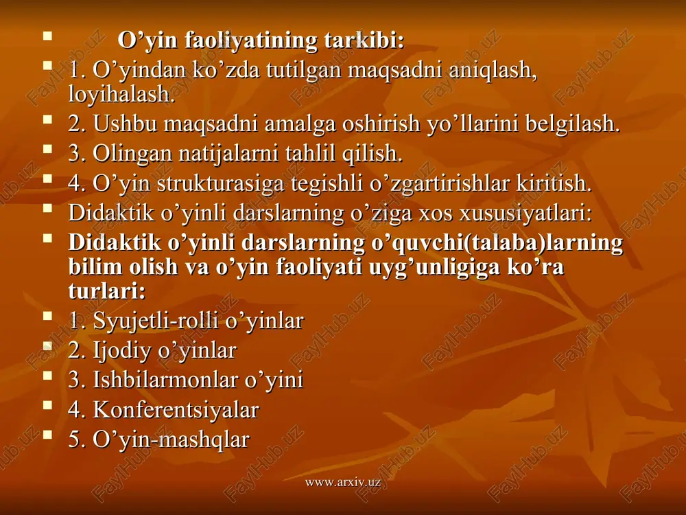 shli rollarni bajaruvchi “olimlar” bilan tanishtiradi. ii. ilmiy ma’ruzalarni tinglash. “olimlar” mavzu yuzasidan tayyorlagan ma’ruzalarini ko’rgazmali qurollar asosida bayon etadilar. iii. ma’ruzalar muhokamasi. bunda “olimlar” va boshqa ishtirokchilar o’rtasida mavzu yuzasidan bahs-munozara o’tkaziladi. iy.ilmiy konferentsiya yakuni. o’qituvchi mavzu yuzasidan eng muhim tushuncha va g’oyalarni ta’kidlab, yakunlaydi. y. o’quvchi(talaba)larni baholash. darsda faol ishtirok etgan o’quvchi(talaba)lar rag’batlantiriladi va reyting tizimiga muvofiq baholanadi. yi. uyga vazifa berish. yii. darsni umumiy yakunlash. www.arxiv.uz www.arxiv.uz www.arxiv.uz www.arxiv.uz www.arxiv.uz www.arxiv.uz www.arxiv.uz www.arxiv.uz www.arxiv.uz www.arxiv.uz www.arxiv.uz www.arxiv.uz www.arxiv.uz www.arxiv.uz www.arxiv.uz www.arxiv.uz www.arxiv.uz www.arxiv.uz www.arxiv.uz www.arxiv.uz www.arxiv.uz www.arxiv.uz www.arxiv.uz www.arxiv.uz