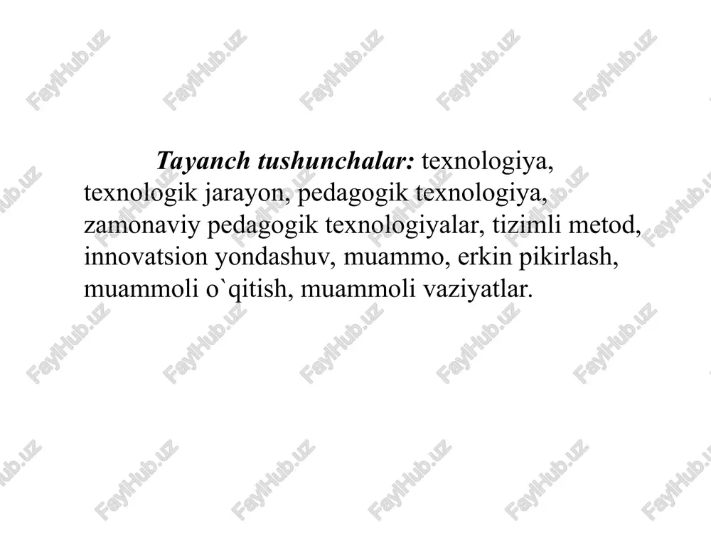 faoliyatni boshqarish; talabalar jamoasini boshqarish. muammo –bu ilimiy bilish zarurligini ifodalasning subektiv shaklidir. muammoli talim - talim jarayonida muammoni (vazifalarni) qoyish va ularning oquvchilar tpmonidan echilishi bolib hisoblanadi. muammoli vaziyat - bu o`quvchiga tanish bo`lgan malumotlar, yangi faktlar va hodisalar o`rtasidagi ziddiyatdir. bu ziddiyat bilimlarni ijodiy o`zlashtirish ushun harakatlantiruvshi kushdir. adabiyotlarda muammoli vaziyat yaratishning quyidagi ko`p uchraydigan usullari qayd etilgan: hodiysalar, o`rganilayotgan tushunchalar mohiyatini tushuntirish uchun muammoli vazifalar qo`yish; olingan bilimlarning amaliy tadbiqi usullarini toppish uchun muammoli vazifa qoyish; o`quvchilarni hodisalar va faktlar orasidagi ziddiyatlar va nomuvofiqliklarni tushuntirib berishlarga undash; ilmiy tushunchalari va hayotiy tasawurlari orasidagi ziddiyatni keltirib chiqaradigan fakt va hodisalarni tahlil qilishga undash; fakt hodisa, xatti-harakatlar, xulosalarni solishtirish, qiyos qilishga undash; muammoli talimning darajalari, yani muammo qo`yidagicha shakllantiriladi. o`qituvchi muammoni toliq yoritadi va echimini topib beradi, qarshi savollar yordamida o`quvchilarni fikrlashga ixtiyoriy majbur etadi. o`qituvchi muammoni qo`yib, uning mazmunini ifodalaydi. keyin o`quvchilarni muammo echimini mustaqil izohlashga yo`naltiradi. o`qituvchi …