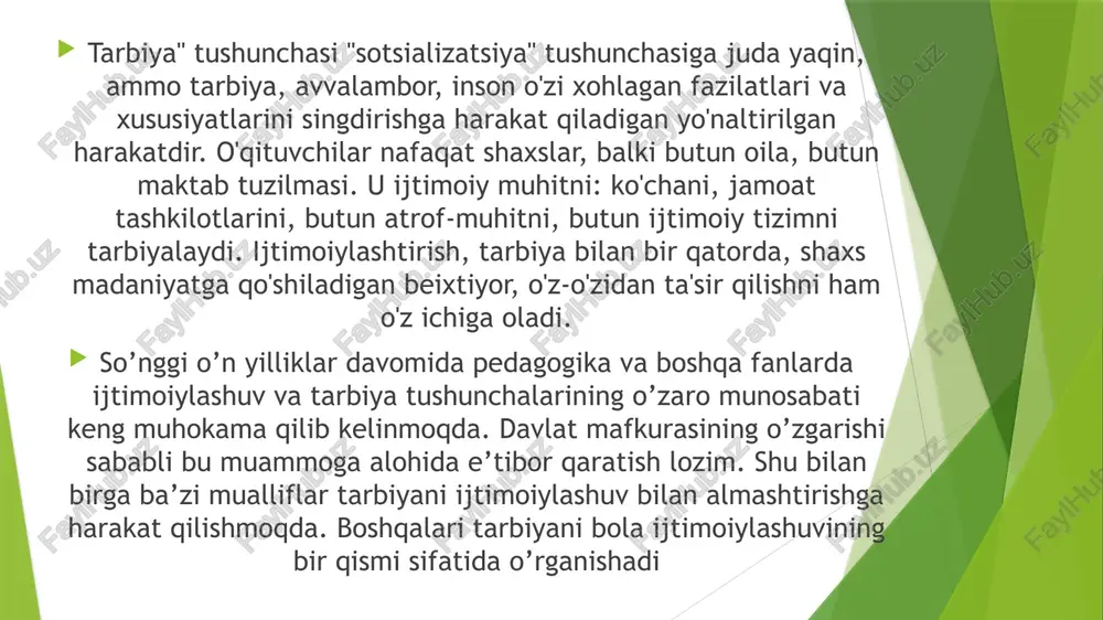 sh jarayoni deb ataladi. jamiyatdagi barcha mutaxassislarning va tarbiyachilarning harakatlari bolaning ijtimoiy adaptatsiyalanishiga qaratilgan. bolaning ijtimoiy muhitga moslashuviga to`sqinlik qiluvchi ijtimoiy-ma'naviy fazilatlarning yo`qligi hamda ularning shakllanmay qolishi ijtimoiy dezadaptsiya deb ataladi. bunday holatlarda ularning oldini olish hamda ma'lum chora-tadbirlar ishlab chiqish kerak bo`ladi. demak, bolaning jamiyatda ijtimoiy adaptatsiyalanishiga, uning ijtimoiy statusini qayta tiklashga, yo`qotilgan bola shaxsining rivojlanishi inson ijtimoiy mavjudotdir degan falsafiy ta’limotga asoslanadi. ayni vaqtda inson tirik, biologik mavjudot hamdir. demak, uning rivojlanishida tabiat rivojlanishining qonuniyatlari ham muhim ahamiyatga ega. shuningdek, shaxs bir butun mavjudot sifatida baholanar ekan, uning rivojlanishiga biologik va ijtimoiy qonuniyatlar birgalikda ta’sir etadi, ularni bir-biridan ajratib bo`lmaydi. chunki shaxsning faoliyati, hayot tarziga yoshi, bilimi, turmush tajribasi bilan birga boshqa fojiali holatlar, kasalliklar ham ta’sir etadi. inson butun umri davomida o`zgarib boradi. . u ham ijtimoiy, ham psixik jihatdan kamolga yetadi, bunda bolaga berilayotgan tarbiya maqsadga muvofiq bo`lsa, u jamiyat a’zosi sifatida kamol topib, murakkab ijtimoiy …