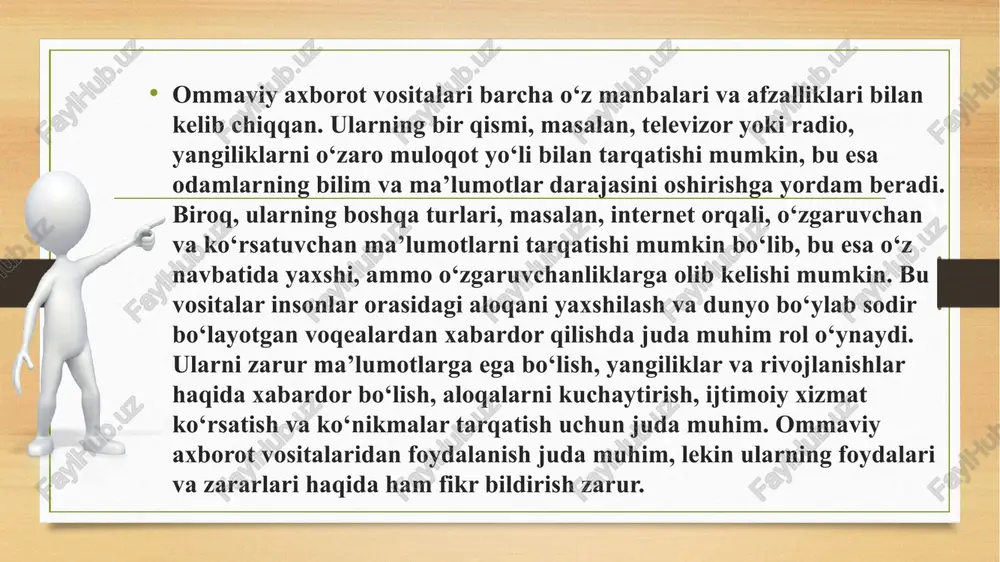 t qilishning boshqa usullari bilan davom etadi: tutun signallari, iz belgilari va haykal. 2. ommaviy axborot vositalarining tushunchasi - ommaviy axborot vositalarining ta’rifi: aloqa kanallari bilan bog‘liq zamonaviy qo‘llanilishida media atamasi 1-marta kanadalik aloqa nazariyotchisi marshall makluhan tomonidan qo‘llanilgan, u counterblast (1954) asarida shunday degan: “ommaviy axborot vositalari o‘yinchoq emas; ular mother goose va piter pan rahbarlarining qo'lida bo‘lmasligi kerak. ular faqat yangi rassomlarga ishonib topshirilishi mumkin, chunki ular san’at turlaridir.” 1960-yillarning o‘rtalariga kelib, bu atama shimoliy amerika hamda buyuk britaniyada umumiy foydalanishga tarqaldi. hl menckenning so‘zlariga ko‘ra, ommaviy axborot vositalari iborasi 1923-yilda qo‘shma shtatlarda ishlatilgan. ommaviy axborot vositalari atamasi (ommaviy axborot vositalarining yagona shakli) “jamiyatdagi umumiy aloqa, axborot yoki ko‘ngilochar vositalar yoki kanallardan biri, gazetalar, radio yoki televideniye” sifatida ta’riflanadi. 3. o‘zbekistonda ommaviy axborot vositalarining tarixi xi-asir axborot asri, marifat asri. binobarin, yani shu asirga kelib hayot shu darajada jiddiylashib kettiki, bu jarayonning qudratli oqimida ommaviy axborot vositalarining ahamiyati …