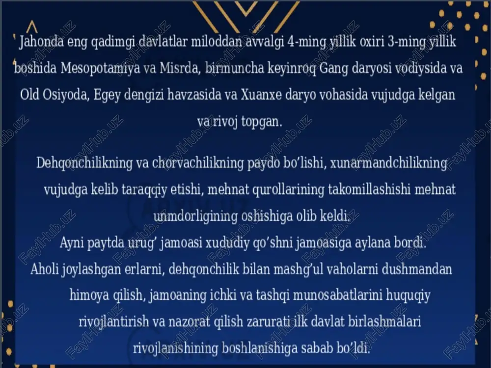 ‘g‘d va o‘rta sirdaryoning o‘tirgan kx aholisining dastlabki turkiyzabon gatlamini tashkil etgan. kushonlar davl kushon podsholigi — o‘zbek davlatchiligi tizimidagi kadimgi davlat (milodiy 1—3-asrlar). milodiy 1-asrning 1-yarmi yoxud o‘rtalarida yuyechjilar tasarrufidagi kushon mulkining yuksalishi natijasida vujudga kelgan. massagetlar (xitoy yiinomalarida — yuyechji) miloddan avvalgi 140 yil sirdaryo ortidan baqtriyaga kelib, saklarni yenggan va yunon-bagtriya podsholigi o‘rnida bir asr davomida 5 qabilaga bo’‘linib yashagan. bo‘lardan kushon (xitoy yilnomalarida guyshuan) qabilasi jabg‘usi kujula kadfiz (kadfiz i) milodiy 1-asrda qolgan 4 qabilani bo‘ysundirib, o‘zini hukmdor deb e’lon qilgan. kushon podsholigi rim, parfiya va xitoy bilan har jihatdan bellasha olgan qadimgi sharqdagi eng qudratli saltanatlardan biri bo'lib, ikki asr mobaynida osiyoliklarning siyosiy, iqtisodiy, ijtimoiy va madaniy hayotiga katta ta’sir o‘tkazgan. bir saltanat tarkibida bir necha mamlakatlar, xalq va elatlarning birlashuvi turli madaniyatlarni o‘zaro yaqinlashtirdi, davr madaniyatlari bagtriya, yunon, sak va hind madaniyatlarini mujassamlashtirdi. aer i i davrida kushon davlatiga buddizm kirib keladi va tez …