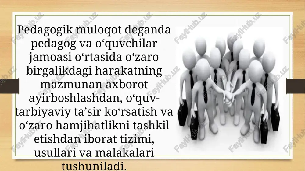 lash mumkin: “men bilaman – sizlar bilmaysizlar”; “meni aytganimni qilinglar – mening yoshim kattaroq, tajribam ko’proq, bizni tenglashtirib bo’lmaydi”. bu uslub ko’proq avtoritarga yaqinroq bo’lib, u tashqaridan qaraganda tartibli faoliyatni amalga oshirishga yordam berganday bo’ladi, lekin yuqori samarani bermaydi; 4) qo’rqitishga asoslangan muloqot. o’qituvchi va ta’lim oluvchilarni ma’lum masofada ushlab turuvchi muloqotning yuqori darajadagi ko’rinishi bu qo’rqitishga asoslangan muloqotdir. u o’zida ta’lim oluvchilarga salbiy munosabat va avtoritar boshqaruvni majassam etadi. ushbu uslubni yorqin ifodasi sifatida quyidagi gaplarni keltirish mumkin: “qunt bilan tinglanglar, bo’lmasa ikki qo’yaman”, “hali kunlaringni ko’rsataman”. bunday uslub mashg’ulot paytida salbiy muhitni yuzaga keltiradi. pedagogik nizo va uning sabablari nizo – istaklari, qiziqishlari, qadriyatlari yoki tushunchalari mos kelmasligi sababli yuzaga keladigan ikki yoki undan ortiq sub’ektlar o’rtasidagi ijtimoiy o’zaro aloqalar shakli (sub’ektlar individ/guruh/o’z o’zi bilan– ichki nizolar holatlarida bo’ladi). “nizo” va “nizoli vaziyat” tushunchalarini ajratishni bilish kerak, ular o’rtasida katta farq bor. nizoli vaziyat – ijtimoiy sub’ektlar o’rtasida …