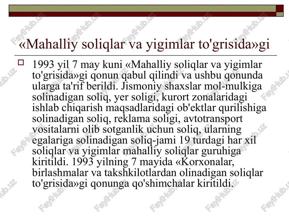 r 8,6 4,7 4,3 3,1 6,7 7,8 soliqlar davlat byudjetini to`ldirishdan tashqari mamlakatdagi ijtimoiy-iqtisodiy jarayonlarni tartibga solishda ham muhim rol o`ynaydi. qadim zamonlarda ham ijtimoiy-iqtisodiy munosabatlar va jarayonlarni tartibga solishda soliqlardan foydalanib kelingan, hatto davlatchilikning shakllanishida ham soliqlar ma’lum rol o`ynagan. chunki davlatchilikning shakllanishi mukammal, barqaror bo`lmagan ijtimoiy-iqtisodiy munosabatlarga tayangan. shuning uchun davlat paydo bo`lishining dastlabki bosqichlarida moliyaviy va iqtisodiy munosabatlarni jonlantirishda davlat hukmdorlari har xil soliq to`lovlaridan foydalanib, o`z oldilariga turgan muammolarni yechishga harakat qilishgan. davlat soliqlarning ayrim turlarini bekor qilish, yangilarini joriy etish, soliq stavkalari va imtiyozlarini, soliq solish shart-sharoitlarini o`zgartirish orqali muayyan tarmoqlar va ishlab chiqarishlarni jadal rivojlantirish, jamiyat uchun dolzarb muammolarni hal etishga imkoniyatlar yaratadi. masalan, kichik biznes va xususiy tadbirkorlik, fermer xo`jaliklarini rivojlanishini qo`llab-quvvatlash, mahalliy xom ashyodan iste’mol tovarlari va eksportbop mahsulot ishlab chiqarishni rag`batlantirish uchun bir qancha soliq imtiyozlari berilgan. asosiy vositalarga jadallashtirilgan amortizatsiyani qo`llash foydaning bir qismini qayta jihozlash va ta’mirlashga, ilmiy-tadqiqot va …