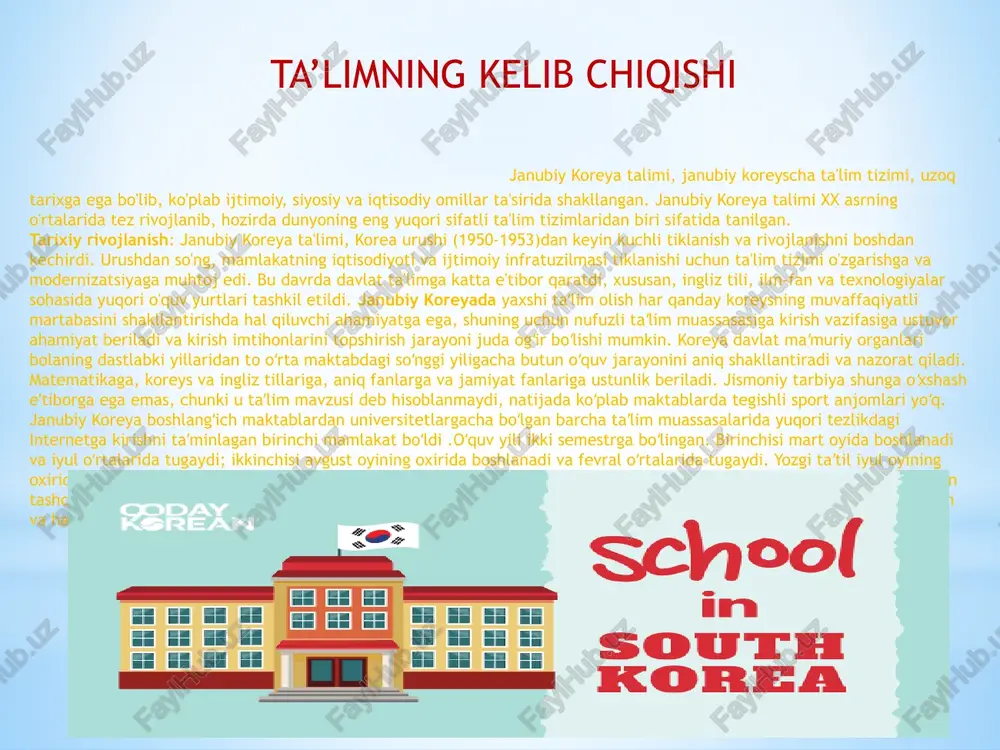 lab chiqishni o‘z ichiga oladi. bu o‘z navbatida inson resurslarini rivojlantirish bilan bog‘liq koreya siyosatida bir qancha o‘zgarishlar yuz berdi. oliy ta’limni moliyaviy qo‘llab-quvvatlashning asosiy qismi markaziy vazirlik tomonidan amalga oshirilad. milliy siyosat sifatida yarim o‘tkazgichlar ishlab chiqarish kabi yuqori texnologiyali sohalarda iqtidorli odamlarni tanlab oladi va taqdirlayli hamda oliy ta’lim uchun ajratilgan moliyaviy yordamning 60 %dan ortig‘i ushbu istedodlarni rivojlantirishga sarflanadi. so‘ngi yillarda malakali kadrlar tayyorlash bilan oliy ta’lim muassasalari ma’suliyatiga ham aloxida e’tibor qaratilmoqda. bu o‘z navbatida inson resurslarini rivojlantirish bilan bog‘liq koreya siyosatida bir qancha o‘zgarishlar yuz berdi. oliy ta’limni moliyaviy qo‘llab-quvvatlashning asosiy qismi markaziy vazirlik tomonidan amalga oshirilad. milliy siyosat sifatida yarim o‘tkazgichlar ishlab chiqarish kabi yuqori texnologiyali sohalarda iqtidorli odamlarni tanlab oladi va taqdirlayli hamda oliy ta’lim uchun ajratilgan moliyaviy yordamning 60 %dan ortig‘i ushbu istedodlarni rivojlantirishga sarflanadi. so‘ngi yillarda malakali kadrlar tayyorlash bilan oliy ta’lim muassasalari ma’suliyatiga ham aloxida e’tibor qaratilmoqda. tashakkur e’tiboringiz uchun …