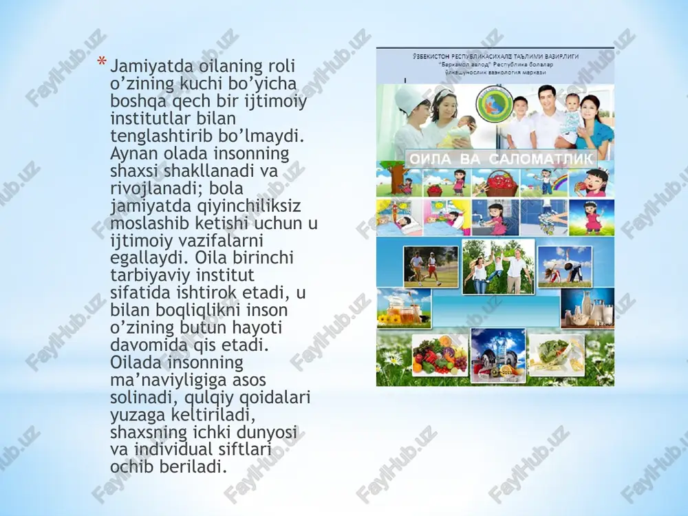 rsatish. ta’lim berish ma’ruza, suhbat, kuzatuv, mashg‘ulotlar 6 bolani oilaga oylashtirish, ota-onalarga chuqur ta’lim berish. patronaj kerakli metodlardan o‘z o‘rnida foydalanish oilaning asosiy funksiyalari oila jamiyat ijtimoiy tuzumining birlamchi bo'g`ini bo'lib, inson shaxsini shakllantirish oiladan boshlanadi. oila-murakkab ijtimoiy guruh. u biologik, ijtimoiy, axloqiy, mafkuraviy va ruhiy munosabatlarning birlashuvi natijasida vujudga keladi, shu sababli oilalar birlashib, jamiyatni tashkil etadi. oila-jamiyatning boshlang`ich ijtimoiy bo'g`inidir. u o'zida oila a'zolarining ehtiyojlari, qiziqishlari, mayllari, tarbiyasi va boshqa ijtimoiy faoliyat turlarini aks ettiradi. ota-onalarning bola shaxsiga ilmiy dunyoqarash asoslari, ma'naviy-axloqiy, nafosat, mehnat va boshqa ijtimoiy omillarni shakllantirish maqsadida tizimli ta'sir ko'rsatish jarayoniga oilaviy tarbiya deyiladi. jamiyatning asosiy bo'g`ini bo'lmish-oilalarning vazifalari turli-tuman image2.jpeg image3.jpeg image4.jpeg image5.jpeg image6.jpeg image1.jpeg weexdew unsovoners xnuzohamexua devevog exnughuzeg ,vovse vowexdes, wimuevene wmusl suyxvivhausauisd holomneser tarbiya iqtisodiy i felisitologik oila reproduktiv >) vazialari kommunkativ rekreativ cae relaksatsiya - — y e ae | - = i _— “ a /docprops/thumbnail.jpeg oilalalarga pedagogik yordam …