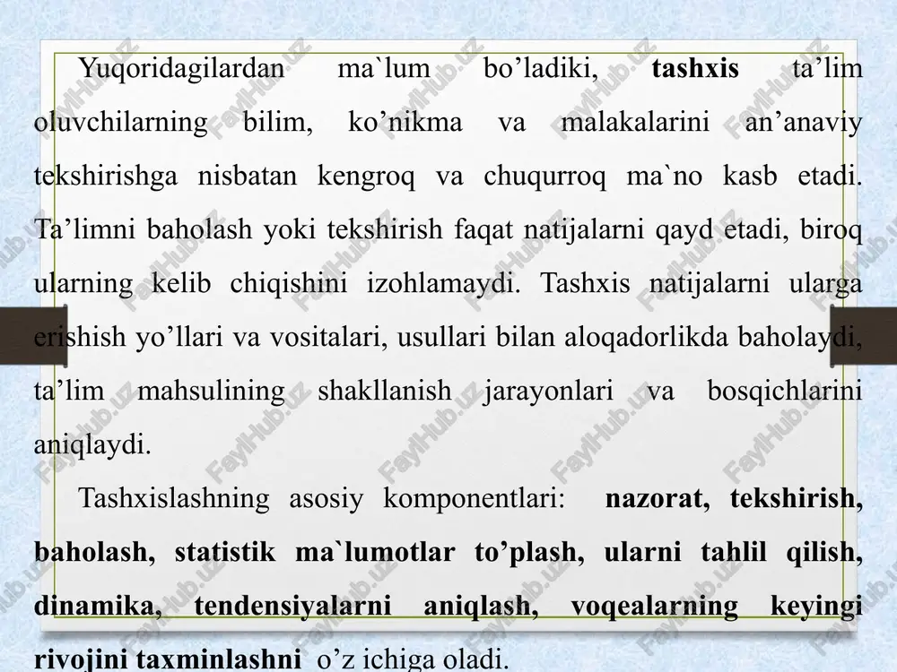 ning uyga berilgan vazifalarni bajarishini tekshirish katta ahamiyatga ega. shkalalash— aniq jarayonlarni raqamlar tizimi yordamida modellashtirish. reyting nazoratida o’quvchilarning o’quv faoliyatini nazorat qilishning yuqorida keltirilgan metodlari bilan birga test usulidan ham samarali foydalanilmoqda. test so’rovidan nafaqat o’quvchilarning bilim, ko’nikma va malakalari darajasini aniqlash, balki 1993-yildan boshlab o’zbekiston respublikasida abuturiyentlarni oliy o’quv yurtlariga tanlov asosida qabul qilish jarayonida ham samarali foydalanib kelinmoqda. gar inson ekansan, xalq manfaati yo’lida harakat qil o`quvchilarning bilim, ko‘nikma va malakalarini baholash mezonlari. o’quvchilarning bilim, ko‘nikma va malakalarini baholash mezonlari har bir fanning maqsad va vazifalariga, shuningdek, sinf (guruh)dagi o‘quvchilarning o‘zlashtirish darajasiga tayangan holda belgilanadi. baholash mezonlarini ishlab chiqishda o‘quvchilarning og‘zaki javob berishlari, ko‘nikma va malakalariga alohida-alohida yondashiladi. « 5 »baho qo‘yiladi, agar: o‘quvchi dasturdagi materialni to‘liq o‘zlashtirib olgan bo‘lsa; o‘rganilgan mavzu bo‘yicha asosiy fikrlarni ochib bera olsa; egallangan bilimlarni amalda erkin qo‘llay olsa; o‘rganilgan mavzuni bayon qilishda, yozma ishlarda xatolarga yo‘l qo‘ymasdan, ma’lumotlarni tushuntirib bera olsa. …