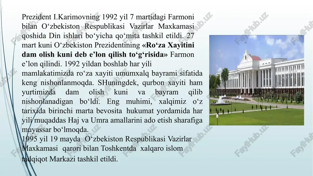 bor kuchaydi, tarixiy yodgorliklar davlat nazorati ostiga olindi. istiqlol yillarida buxoro, samarqand, termiz, shahrisabz kabi shaharlarda xiva, toshkent. qo'qon. ulug' ajdodlarimizning yuksak iste'dodi bilan bunyod etilgan obidalar o'zining haqiqiy qadr-qimmatini topdi, ularni ta'mirlash va asl qiyofasini tiklash davlatimiz siyosatining ustuvor yo'nalishlaridan biriga aylandi. toptalgan tariximiz, qutlug' qadamjolar, hatto nomlari ham unutilayozgan obidalar ta'mirlandi, qayta tiklandi. imom al buxoriy, imom at-termiziy, abu mansur al- moturudiy, marg'inoniy, ahmad al-farg'oniy, burhoniddin al- mahmud az-zamaxshariy kabi ulug' allomalarimizning sha'nlariga munosib yodgorlik majmualar yaratildi. toshkent, samarqand va shahrisabzda sohibqiron amir temur, toshkentda mirzo ulug'bek, alisher navoiy, urganchda jaloliddin manguberdi, termizda alpomish haykallari qad ko'tardi. bugungi kunda mamlakatimizda etti mingdan ortiq yodgorlik, shu jumladan, 2500 ta me'moriy obida, 2700 tadan ortiq monumental san'at asari davlat muhofazasiga olingan. 1991 yildan xivadagi qo'riqxonasidagi, 1993 yildan buxoro shahri 2000 yildan shahrisabz shahri markazidagi ichonqal'a markazidagi, yodgorliklar yuneskoning “umumjahon madaniy merosi” ro'yxatiga kiritildi yillarda bunyod etilgan oqmasjid istiqlol davrida xalqimizning …