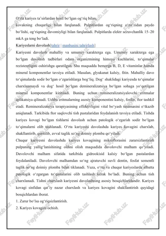 adi. remineralizatsiya terapiyasining effektivligini vital bo‘yash sinamasini o‘tkazib aniqlanadi. tarkibida ftor saqlovchi tish pastalaridan foydalanish tavsiya etiladi. tishda kariyes kovagi bo‘lgan tishlarni davolash uchun patologik o‘zgarish sodir bo‘lgan to‘qimalarni olib tashlanadi. o‘rta kariyesni davolashda kariyes kovagini charxlab, shakllantirib, quritilib, avval taglik so‘ng doimiy plomba qo‘yiladi. chuqur kariyesni davolashda kariyes kovagining mikroflorasini zararsizlantirish pulpaning yallig‘lanishining oldini olish maqsadida davolovchi malham qo‘yiladi. davolovchi malham sifatida tarkibida gidrookisid kalsiy bo‘lgan pastalardan foydalaniladi. davolovchi malhamdan so‘ng ajratuvchi suvli dentin, fosfat sementli taglik so‘ng doimiy plomba bilan tiklanadi. yuza, o‘rta va chuqur kariyeslarda albatta patologik o‘zgargan to‘qimalarini olib tashlash kerak bo‘ladi. buning uchun tish charxlanadi. tishni charxlash kariyesni davolashning asosiy bosqichlaridandir. kariyes kovagi sinfidan qat’iy nazar charxlash va kariyes kovagini shakllantirish quyidagi bosqichlardan iborat. 1. zarur bo‘lsa og‘riqsizlantirish. 2. kariyes kovagini ochish. 3. kariyes kovagini kengaytirish va nekrotomiya qilish (yumshagan va pigmentlangan dentinni olib tashlash). 4. kovakni shakllantirish. kariyes kovagini charxlashda sog‘lom to‘qimalarni asrash prinsipiga …