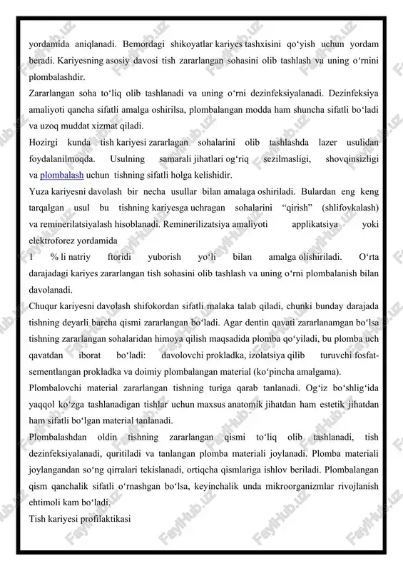zatsiya amaliyoti applikatsiya yoki elektroforez yordamida 1 % li natriy ftoridi yuborish yoʻli bilan amalga olishiriladi. oʻrta darajadagi kariyes zararlangan tish sohasini olib tashlash va uning oʻrni plombalanish bilan davolanadi. chuqur kariyesni davolash shifokordan sifatli malaka talab qiladi, chunki bunday darajada tishning deyarli barcha qismi zararlangan boʻladi. agar dentin qavati zararlanamgan boʻlsa tishning zararlangan sohalaridan himoya qilish maqsadida plomba qoʻyiladi, bu plomba uch qavatdan iborat boʻladi: davolovchi prokladka, izolatsiya qilib turuvchi fosfat-sementlangan prokladka va doimiy plombalangan material (koʻpincha amalgama). plombalovchi material zararlangan tishning turiga qarab tanlanadi. ogʻiz boʻshligʻida yaqqol koʻzga tashlanadigan tishlar uchun maxsus anatomik jihatdan ham estetik jihatdan ham sifatli boʻlgan material tanlanadi. plombalashdan oldin tishning zararlangan qismi toʻliq olib tashlanadi, tish dezinfeksiyalanadi, quritiladi va tanlangan plomba materiali joylanadi. plomba materiali joylangandan soʻng qirralari tekislanadi, ortiqcha qismlariga ishlov beriladi. plombalangan qism qanchalik sifatli oʻrnashgan boʻlsa, keyinchalik unda mikroorganizmlar rivojlanish ehtimoli kam boʻladi. tish kariyesi profilaktikasi tish kariyesi profilaktikasi tishlarda …