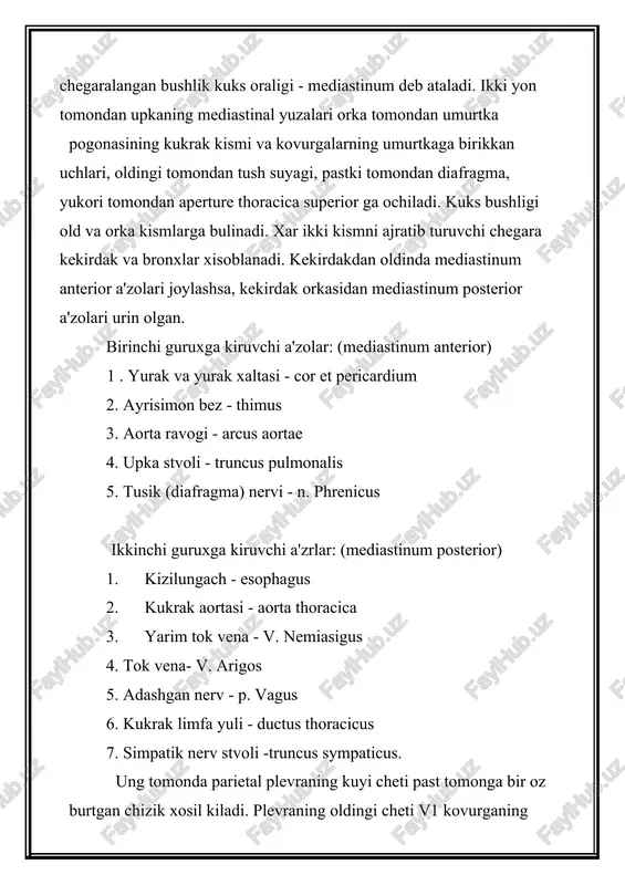 yagiga kelib birikkan yerdan boshlanib, linea mamillaris chizigida vii kovurgaga, linea axillaris media ix kovurgaga tugri keladi va orka tomonda xii kovurga buyniga etib boradi. plevraning boshlanishi oldinda vi kovurga tush suyagi bilan birikadigan joyiga tugri keladi. chap plevrachegaralari ungiga karaganda kukrak kafasining ichki tomonidan urabkelayotgan parietal plevra chegaralariga, upka chegaralariga yukori uchida vaorka yuzalarida mos keladi. chunki upkaning uchi va yon, orka yuzalari kukrakkafasiga zich takalib turadi. plevra sinuslari mavjud. ikki yonida eng katta sinuslar mavjud. 1 . recessus costa diafragmatica 2 . recessus costa mediastinalis ana shu bushliklar nafas olganda ya'ni upkada xavo bulganda upkalar bilan t¢ladi va chikarganda bushab koladi. plevra yalliglanganda (plevrit) ekssudat ana shu sinuslarda tuplanadi. 2 - xil kasallik kelib chikadi. kuruk va xul plevrit. nafas olish a'zolarining ontogenezi . nafas a'zolari upkalar odatda boshlangich (birlamchi) ichak nayining oldingi devoridan usib chikuvchi tok kurmak xisobiga rivojlanadi. embrion takomilining 3-4xatasidagi ichak nayidan usib chikayotgan kurtak …