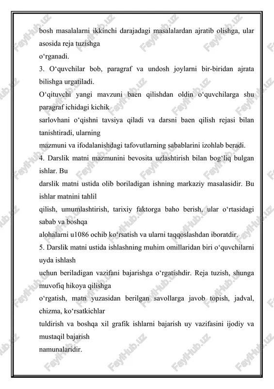 lardan fragmentlar, pamflet, statyalar kiradi. 2. akt xarakteridagi manbalar. (gramota, davlat aktlari, qonun matnlari, qidirish ishlari (sledstvennie dela) kiradi. bu hujjatlar ijtimoiy, siesiy tuzum, moral, religiya (din haqida ma’lumot beradi. ularning mazmuni bo‘yicha tanglab olishga o‘qituvchi boshchilik qiladi. 3. badiiy adabiy hujjatlar: xalq og‘zaki ijodieti (miflar, eposlar va adabiy asarlar) proza, poeziya, satira badiiy asarlarda tarixiy haqiqat tasvirlanadi, ular davr koloritini beradi. 4. darsliklarda keltirilgan tarixiy manbalar, tarixiy taraqqietning muhim muammolarini tasvirladi: ijtimoiy-iqtisodiy ahvol, ichki va tashqi siesat, ijtimoiy harakatlar. hujjatli materiallar bilan ishlash natijasi ishni tug‘ri tashkil qilishga bog‘liq. darsning maqsadida kelib chiqa o‘tirib, o‘quv materialning mazmuniga qaray hujjatlarni urganish yo‘llari aniqlanadi: agar hujjatlar tarixiy voqealarning ma’nosini berdigan bulsagina o‘qituvchining baeniga qo‘shiladi. masalan: ”borodino jangi” mavzusida jang oldidagi napoleon va kutuzovlarning askarlarga murojaatlarini keltirish mumkin. ”napoleon”: askarlar ”mana sizlar kutgan jang. “alaba sizlarga bog‘liq. u bizga ham kerakli narsalarni qulay uy beradi. vatanga tezroq qaytamiz”. kutuzov: ”sizlarga ona yerni …