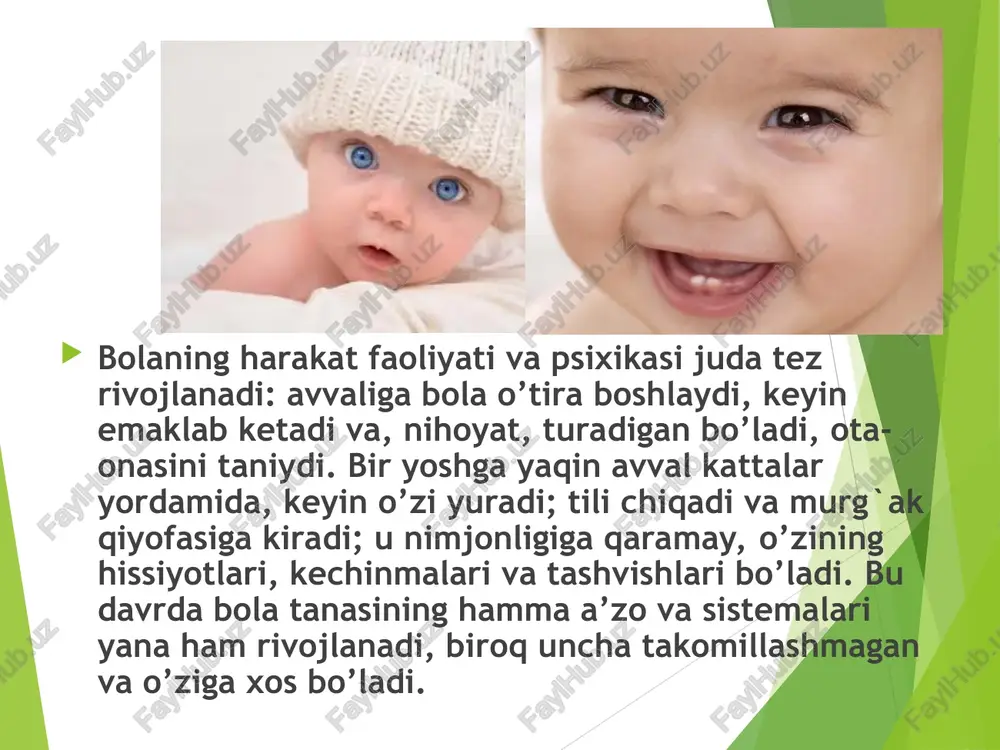 hi, boshini qo’zg’atuvchi kelgan tomonga burishi, o’ziga xos tovushlar chiqarishi yoki gugulashida yaqqol ko’rinadi. ta‘sirlanish his-tuyg’usi “jonlanish majmuasi” bilangina emas, balki uning alohida tarkibiy qismlari (tovush, chehra va hokazolar) ta‘sirida ham vujudga keladi. go’dakda o’zgalar nutqini idrok qilish va unga javob berishga intilish, xususan qo’zg’atuvchiga javoban u yoki bu harakatni amalga oshirish murakkablashib boraveradi. bular uning aqliy imkoniyatlari darajasiga (tiyrakligiga, topqirligiga) bevosita bog’liq bo’lib, bola ulardan ta‘sirlanish natijasida narsalarga nigoh tashlaydi, uni ushlab olish uchun qo’l cho’zadi, unga emaklab boradi. ¥ g01 > colo » & g0z1 s00z08 € coors cosa: ee re
