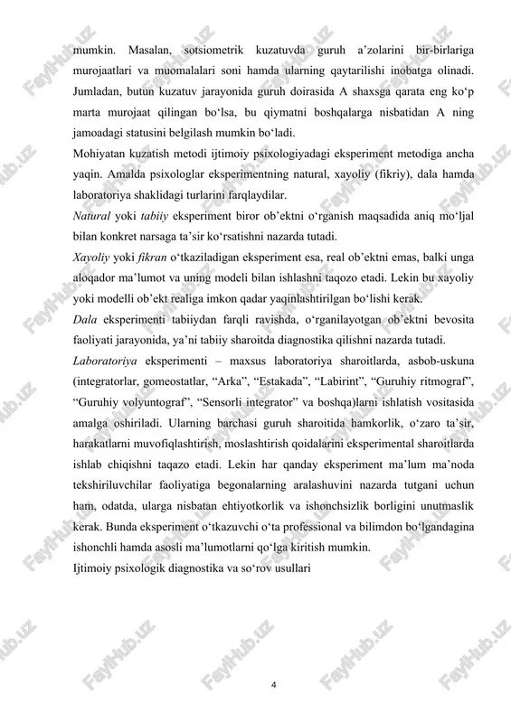 h jarayonlarini va tekshirish usullarining ilmiyligini o’zida ifoda etadi. u amaliy soha sifatida esa, metodlarni amalda qo’llash bilan bog’liq bo’lgan professional bilim va ko’nikmalarga yo’naltirilgan bo’ladi. ikkala holatda ham insonning psixigik jarayonlari, holatlari va xususiyatlarini baholash usullari xususida fikr yuritiladi. “nazariy psixodiagnostika” tadqiqot jarayonlarini ilmiy jihatdan asoslab bersa, “amaliy psixodiagnostika” ularni qanday qilib to’g’ri va ishonchli bajarishni ko’rsatib beradi. zamonaviy psixologiyada psixodiagnostikaning juda ko’p turlari qo’llanilsa-da, ularning hammasini ham ilmiy jihatdan asoslangan, deb bo’lmaydi. bundan tashqari, ularning orasida tadqiqot hamda shaxsiy psixodiagnostik metodlar ham mavjuddir. qayd etilgan so’ngi metodlardan o’rganilayotgan psixigik xususiyatning sifatiy va miqdoriy xarakteristisini baholash maqsadida foydalaniladi. kishining psixik jarayonlari, holatlari va xususiyatlarini o’rganishga mo’ljallangan hamda ma’lum maqsadga yo’naltirilmagan tajribaviy ilmiy tadqiqotlar jarayonidan ishonchli natmjalarni olish maqsadida qo’llaniladi. psixodiagnostik va tadqiqot metodlari o’rtasidagi o’zaro tafovutni quyidagi ikki misol tariqasida ko’rsatish mumkin: bu r.kettelning 16 faktorli testi. u standartlashtirilgan so’rovnoma shaklidagi 187 hukmlardan iborat bo’lib, 16 guruhga ajratilgan. har …