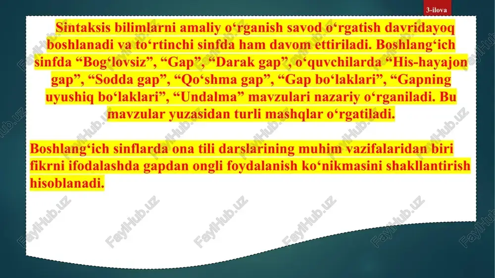h uchun o‘quvchiliar gapni tahlil qiladilar va ular qaysi gap bo‘lagiga bog‘lanib, uni izohlab kelayotganini aniqlaydilar. ikkinchi darajali bo‘laklarning xususiyati gapni yoyish (yig‘iq gapni yoyiq gapga aylantirish) jarayonida yaqqol ko‘rinadi. masalan, o‘quvchilar qaldirg‘ochlar uchib keldi gapini yozadilar. fikrni to‘liq ifodalash uchun gapga qayerga? va qachon? so‘roqlariga javob bo‘lgan so‘zlarni qo‘yish topshiriladi. o‘quvchilar bu vazifani bajarib, qaysi gap bo‘lagi (ikkinchi darajali bo‘lak)fikrni yana aniqroq ifodalaganiga ishonch hosil qiladilar. o‘quvchilarda gapda so‘zlarning bog‘lanishini aniqlash ko‘nikmasini shakllantirish muhim sintaktik va nutqiy ko‘nikmalar qatoriga kiradi. so‘z birikmasi gap qismi sifatida ajratiladi va boshlang‘ich sinflarni uning muhim belgilari idrok qilinadi. ”so‘z birikmasi” atamasi darsliklarga kiritilmagan, ta’rifi berilmaydi. ammo kichik yoshdagi o‘quvchilar uning quyidagi muhim belgilarini amaliy bilib olishlari zarur: 1. so‘z birikmasi mazmun va grammatik tomondan bog‘langan ikki so‘z. masalan, dunyo xalqlari tinchlik uchun kurashadilar gapida ikki so‘z birikmasi bor: 1) dunyo xalqlari; 2) tinchlik uchun kurashadilar. 2. so‘z birikmasida bir so‘z hokim ikkinchi so‘z …