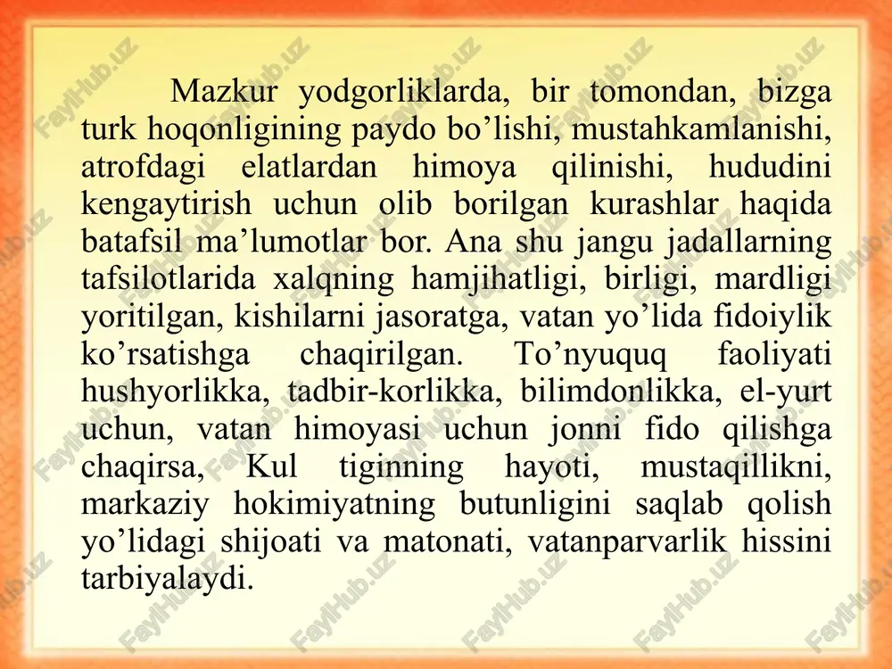 xos nodir namunalari hisoblanadi. kultegin bitigtoshi bilga hoqon bitigtoshidan bir kilometr shimoli-sharqdan topilgan hamda shikastlanmay, yaxshi saqlangani uchun ko’p tadqiqotchilar tomonidan o’qilgan va ko’p tillarga tarjima qilingan. v.tomson o’rxun harflarini ana shu kultegin bitigtoshiga asoslanib deshifrovka qilgach, v.v.radlov mazkur bitiglarni nemis tiliga tarjima qildi. 1896 yilda esa v.tomson ham o’z transkriptsiyasi asosida mazkur bitigni frantsuz tiliga, 1897 yilda p.m.melioranskiy esa rus tiliga (melioranskiy mazkur bitig yuzasidan magistrlik dissertatsiyasi himoya qilgan), 1922 yilda esa v.tomson qaytadan tili dan tiliga tarjima qilganlar. image1.jpeg image2.jpeg image3.jpeg image4.jpeg image5.jpeg image6.jpeg image7.png image8.jpeg image9.jpeg image10.png image11.jpeg image12.jpeg image13.jpeg image14.jpeg pods sss oss os os oss /docprops/thumbnail.jpeg eng qadimgi yozma texnologiya a reja: 41. qadimgi boyliktrimizni o'rganish usullar 2. *avesto’ni yaratlsh tari va ahlogiy ahamiyati 3. orhun enasoy obidalarining talimiy- ahlogiy mohiyati a
