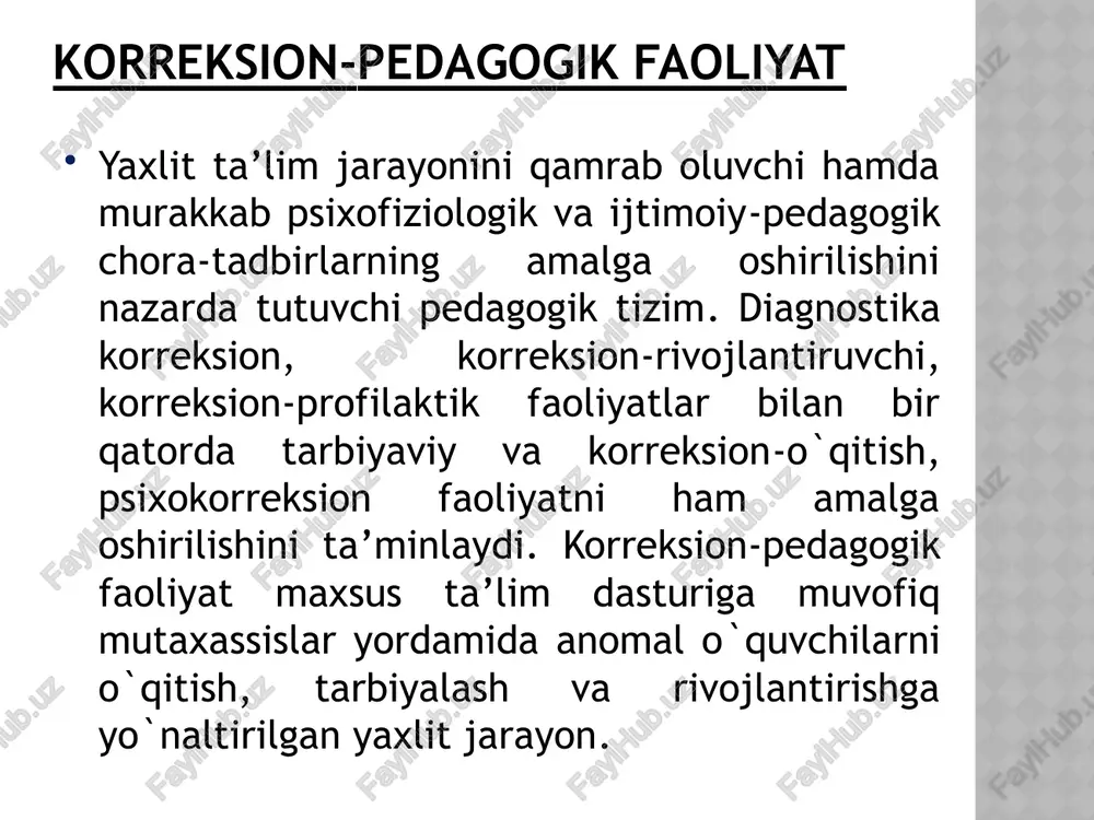 lektining buzilishiga sabab bo`lgan omillar, shuningdek, anatomik-fiziologik va genetik buzilishni o`rganish g`oyasini ilgari suradi. 2.psixologik yondashuv psixikasi buzilgan bolalarning psixik faoliyati, emotsional holati hamda shaxsini o`rganishga yo`naltirilgan. 3. pedagogik yondashuv intellekti buzilgan bolalarni o`qitish hamda tarbiyalashning pedagogik tamoyillari, metodlari, shuningdek, nuqsonlarni bartaraf etish yo`llarini o`rganish g`oyasiga tayanadi. psixologik-pedagogik tekshirishlar quyidagi metodlari yordamida tashkil etiladi: suhbat metodi. kuzatish metodi rasmlarini o`rganish metodi. tajriba-psixologik tadqiqotlar metodlari. testlar metodi. aqli zaif bolalar bilan olib boriladigan korreksion ishlar. nutqiy nuqsonlarni o`rganish, oldini olish va korreksiya bilan korreksion pedagogika (defektologiya)ning muhim sohasi - logopediya (yunoncha logos – so`z va paideia - tarbiyalash) shug`ullanadi. surdopedagogika (yunoncha «surdus» – kar) - eshitish qobiliyati buzilgan bolalarni o`qitish va tarbiyalash jarayonini o`rganuvchi korreksion (maxsus) pedagogikaning yana bir muhim sohasi. ko`rish qobiliyati buzilgan bolalarni o`qitish va tarbiyalash xususiyatlari bilan tiflopedagogika shug`ullanadi (yunoncha «typhlos» – ko`r) – korreksion pedagogika (defektologiya)ning muhim sohasi. image2.jpg image3.png image4.jpg image1.jpeg www: bandicam com, ko'rishda nuqsoni …