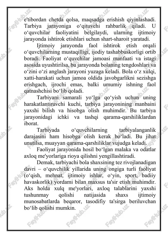 it jarayonda amalga oshirilib, uning tarkibiy qismlari ayni bir vaqtda, faoliyatning biror turi asosida namoyon bo‘ladi. umumiy pedagogika jarayonida tarbiya muhim o‘rin tutadi. shaxsni shakllantirish, boshqarish, nazorat xarakteriga ega bo‘lib, bu borada belgilangan vazifalar tasodifiy harakatlar orqali emas, balki oldinda belgilangan va puxta o‘ylangan rejalar asosida hal etib boriladi. tarbiya jarayonida uning maqsadi, shakl va metodlari, shaxsning o‘zini-o‘zi tarbiyalash va qayta tarbiyalash jihatlari muhim o‘rin tutadi. tarbiya mazmuni ijtimoiy tuzum buyurtmasi asosida belgilanib, uning amalga oshishi uchun ma'lum shart-sharoitlarning mavjudligi talab etiladi. ushbu g‘oyalar yaxlit tarzda quyidagicha aks etadi: har qanday ijtimoiy jamiyatda yosh avlod tarbiyasi muayyan maqsad asosida tashkil etiladi. tarbiya maqsadi ijtimoiy jamiyat taraqqiyoti, uning rivojlanish yo‘nalishi, ijtimoiy munosabatlar mazmunidan kelib chiqib belgilanadi. bugungi kunda o‘zbekiston respublikasida tashkil etilayotgan tarbiyaning asosiy maqsadi komil shaxsni tarbiyalab voyaga yetkazishdan iborat. tarbiya jarayonining natijasi. tarbiyaning natijasi yuksak ma'naviy va axloqiy talablarga javob beruvchi yuqori malakali kadrlarni tarbiyalashdir. bu jarayon ikki tomonlama …
