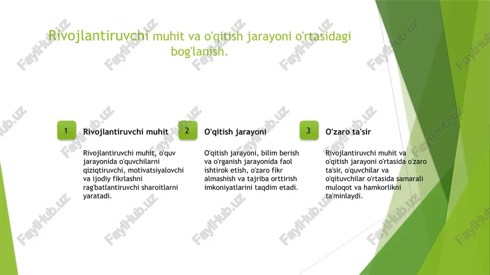 li ta'lim va madaniyat o'zaro ta'sir madaniyat ta'lim jarayonida muhim ahamiyatga ega. u o'quvchilarning qiziqishini oshiradi va o'z-o'zini ifoda etish imkoniyatlarini kengaytiradi. ta'lim tizimi madaniyatni shakllantiradi va rivojlantiradi. o'zbek madaniyati, tarixiy qadriyatlar orqali, o'quvchilarda milliy g'urur hissini uyg'otadi. madaniyat va ta'lim o'rtasidagi o'zaro ta'sir, o'quv jarayonida ijodiy fikrlashni va ijtimoiy ko'nikmalarni rivojlantirishga yordam beradi. bu jarayon o'zaro hamkorlikni kuchaytiradi. ta'lim muhitida madaniyatning roli va ahamiyati. madaniyat va ta'lim madaniyat, ta'lim muhitida o'quvchilarning shaxsiy va ijtimoiy rivojlanishini ta'minlaydi, ularning ijtimoiy ko'nikmalarini va qobiliyatlarini mustahkamlaydi. madaniyat va motivatsiya ta'lim jarayonida madaniy qadriyatlar o'quvchilarning motivatsiyasini oshiradi, o'zlarini ifoda etish imkoniyatlarini kengaytiradi va o'zaro hurmatni rivojlantiradi. innovatsiya va madaniyat madaniyat, innovatsion ta'lim strategiyalarini yaratishda muhim rol o'ynaydi, o'quv muhitini boyitadi va ta'lim jarayonini yanada samarali qiladi. o'zbekiston madaniyati va ta'lim tizimining o'ziga xosligi. 01 o'zbekiston ta'lim tizimi o'zbekistonda ta'lim tizimi davlat tomonidan boshqariladi, bu esa ta'limning sifatini va imkoniyatlarini yaxshilashga qaratilgan strategiyalarni o'z ichiga …