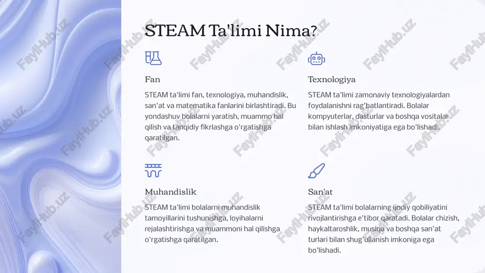 lari mumkin. bu ularga o'zlarining dizaynlarini haqiqatga aylantirish imkonini beradi va texnologiyaning ijodkorlikdagi rolini chuqurroq tushunishga yordam beradi. 10 matematika va muhandislik asoslarini o'rgatish hisoblash va o'lchash bolalarga hisoblash va o'lchash tushunchalarini o'rgatish uchun o'yinlar va amaliy mashqlar qo'llanilishi mumkin. masalan, turli shakl va o'lchamdagi bloklar yordamida geometrik shakllar yaratish yoki turli xil predmetlarni sanash orqali miqdorni tushunishni o'rganish mumkin. muhandislik loyihalari oddiy muhandislik loyihalari, masalan, qog'ozdan samolyot yoki minorani qurish, bolalarni dizaynlash, yaratish va muammolarni hal qilishga o'rgatadi. buning uchun turli xil materiallar, masalan, qog'oz, qalam, yog'och, qog'oz kliplari, va boshqalarni ishlatish mumkin. mantiq va muammolarni hal qilish bolalarga mantiqni rivojlantirish uchun turli xil topishmoqlar, jumboqlar va muammolarni hal qilish vazifalari berilishi mumkin. bu ularning muammoli vaziyatlarni tahlil qilish, strategiyani ishlab chiqish va echim topish qobiliyatini rivojlantiradi. 11 fan va ob'ektlarni o'rganish orqali badiiy tajribani boyitish steam ta'limi bolalarda fan va san'at o'rtasidagi bog'liqlikni tushunishni rivojlantiradi. bolalar turli ob'ektlarni …